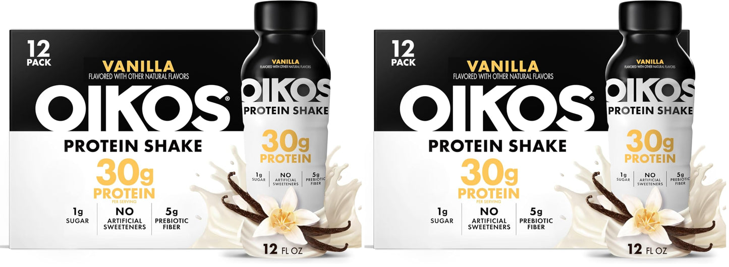 Oikos Protein Shake,Chocolate,30g High Protein Drinks,Shelf Stable,Ready to Drink,5g Prebiotic Fiber,12 fl oz Bottle,,(Pack of 24)