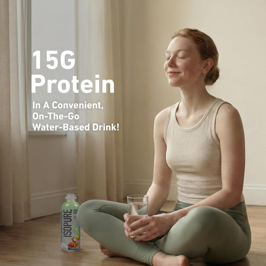 Isopure Clear Protein Water with Electrolytes, 15g Whey Protein Isolate, Zero Sugar, Strawberry Kiwi, 20 fl oz, 12-Pack