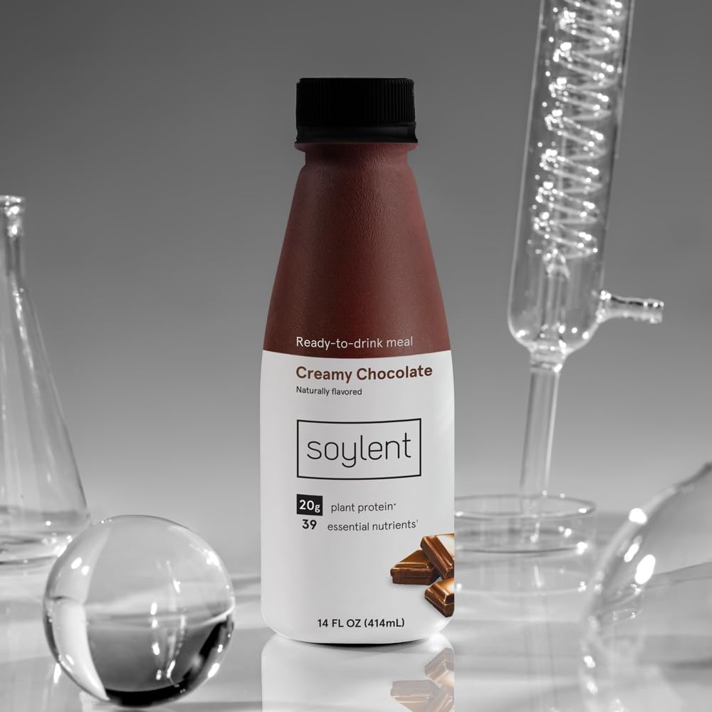 Soylent Creamy Chocolate Meal Replacement Shake, Ready-to-Drink Plant Based Protein Drink, Contains 20g Complete Vegan Protein and 1g Sugar, 14oz, 12 Pack