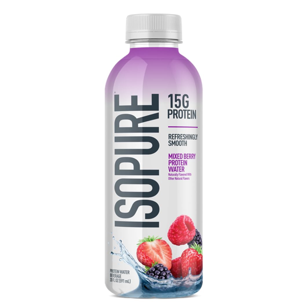 Isopure Clear Protein Water with Electrolytes, 15g Whey Protein Isolate, Zero Sugar, Strawberry Kiwi, 20 fl oz, 12-Pack