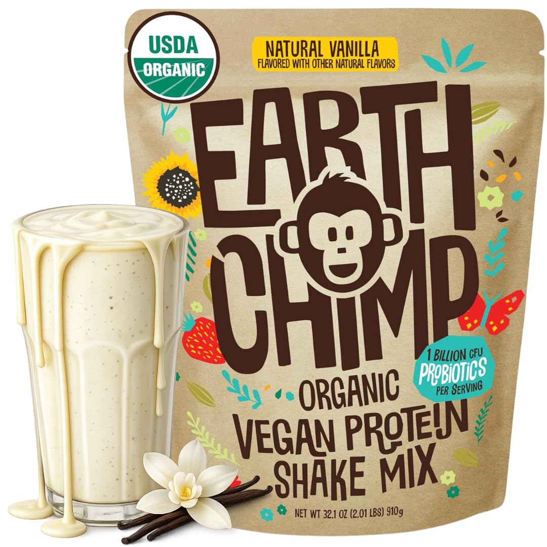 EarthChimp Organic Vegan Protein Powder - with Probiotics - Non GMO, Dairy Free, Non Whey, Plant Based Protein Powder for Women and Men, Gluten Free - 26 Servings 32 Oz (Chocolate)