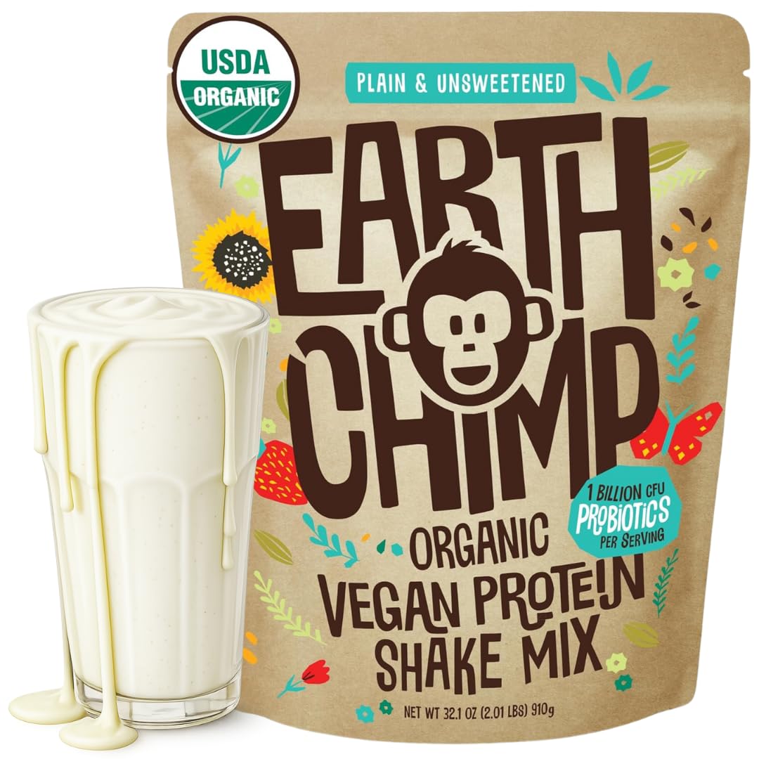 EarthChimp Organic Vegan Protein Powder - with Probiotics - Non GMO, Dairy Free, Non Whey, Plant Based Protein Powder for Women and Men, Gluten Free - 26 Servings 32 Oz (Chocolate)