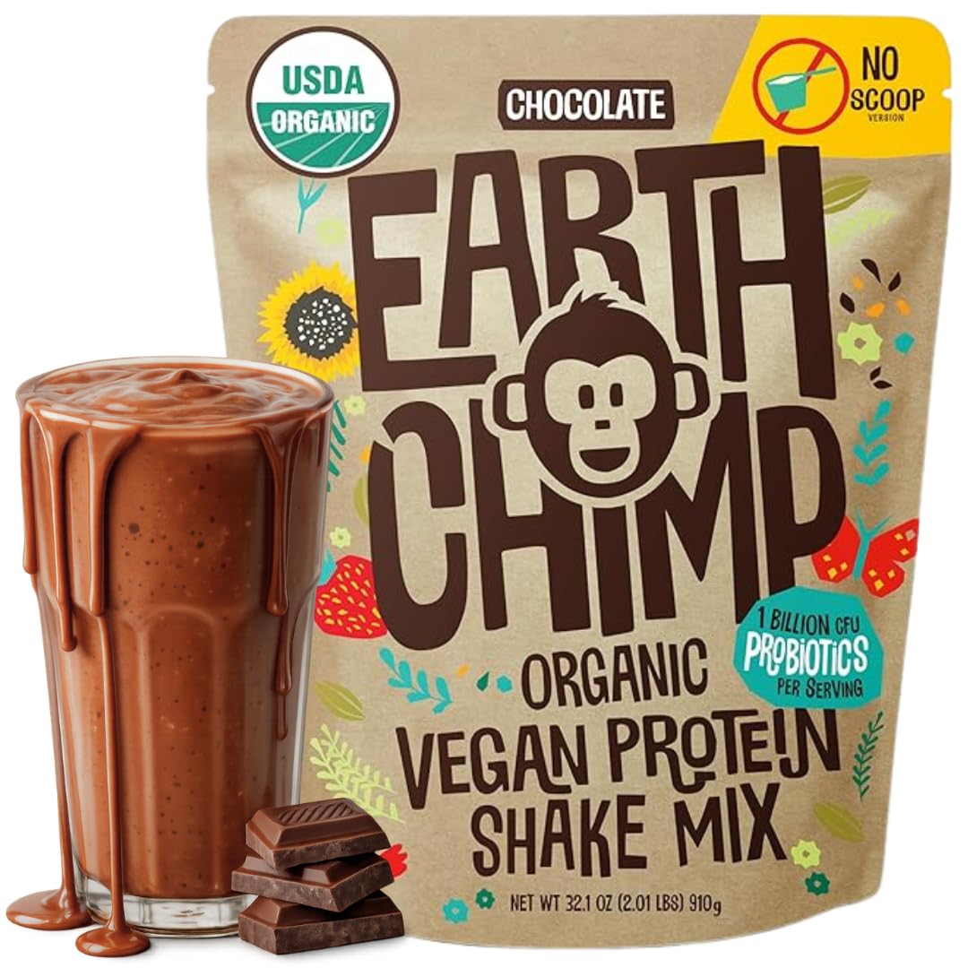 EarthChimp Organic Vegan Protein Powder - with Probiotics - Non GMO, Dairy Free, Non Whey, Plant Based Protein Powder for Women and Men, Gluten Free - 26 Servings 32 Oz (Chocolate)