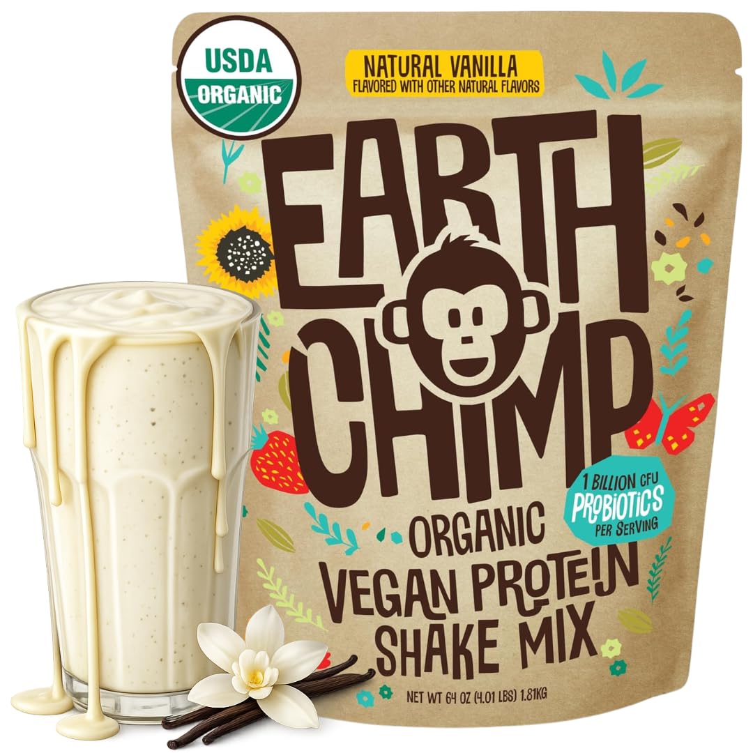 EarthChimp Organic Vegan Protein Powder - with Probiotics - Non GMO, Dairy Free, Non Whey, Plant Based Protein Powder for Women and Men, Gluten Free - 26 Servings 32 Oz (Chocolate)