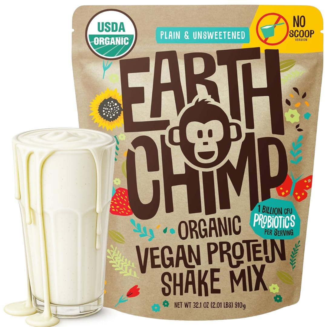 EarthChimp Organic Vegan Protein Powder - with Probiotics - Non GMO, Dairy Free, Non Whey, Plant Based Protein Powder for Women and Men, Gluten Free - 26 Servings 32 Oz (Chocolate)