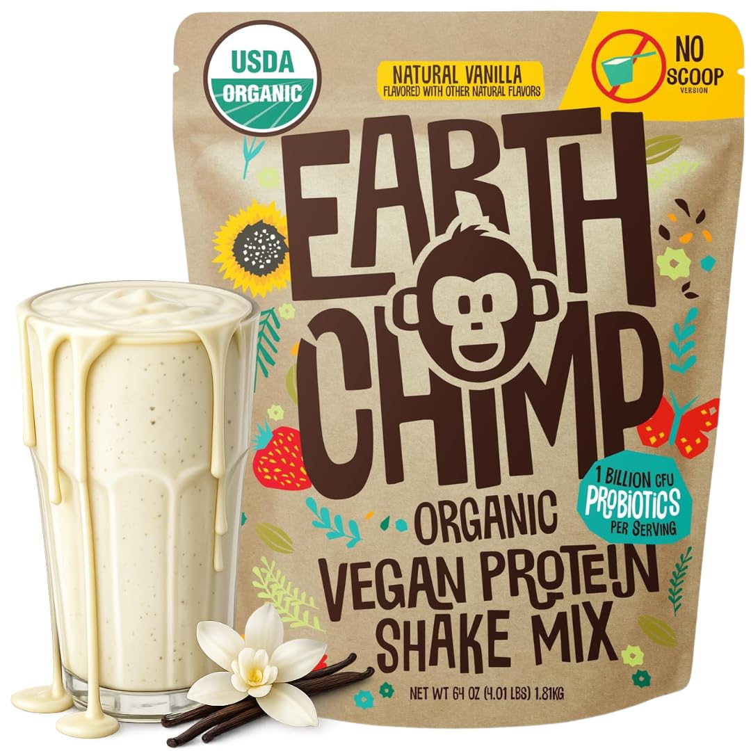 EarthChimp Organic Vegan Protein Powder - with Probiotics - Non GMO, Dairy Free, Non Whey, Plant Based Protein Powder for Women and Men, Gluten Free - 26 Servings 32 Oz (Chocolate)