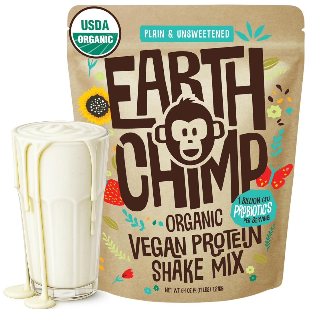 EarthChimp Organic Vegan Protein Powder - with Probiotics - Non GMO, Dairy Free, Non Whey, Plant Based Protein Powder for Women and Men, Gluten Free - 26 Servings 32 Oz (Chocolate)