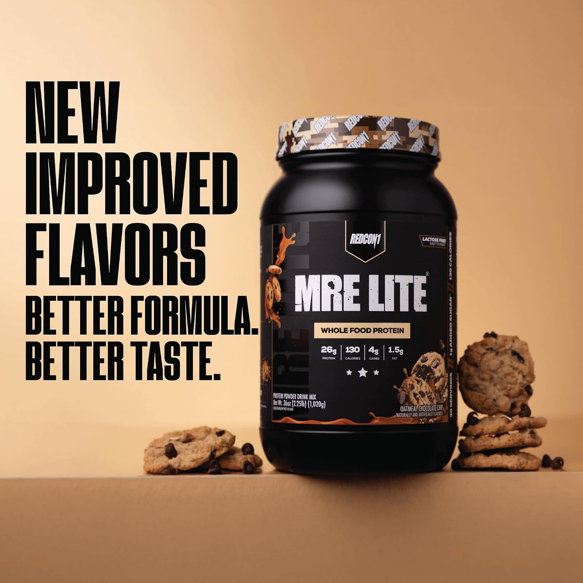 REDCON1 MRE LITE Whole Food Protein Powder, Oatmeal Chocolate Chip - Lactose Free Meal Replacement with Animal Protein Blends - Easy to Digest Formula - Only 4g Carb per Serving (30 Servings)