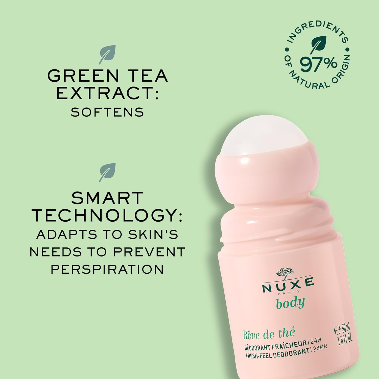 NUXE Aluminum Free Deodorant For Women. Natural, Extra Strength 24 Hour Odor & Sweat Protection, 1.6 Fl Oz