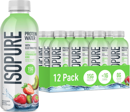 Isopure Clear Protein Water with Electrolytes, 15g Whey Protein Isolate, Zero Sugar, Strawberry Kiwi, 20 fl oz, 12-Pack