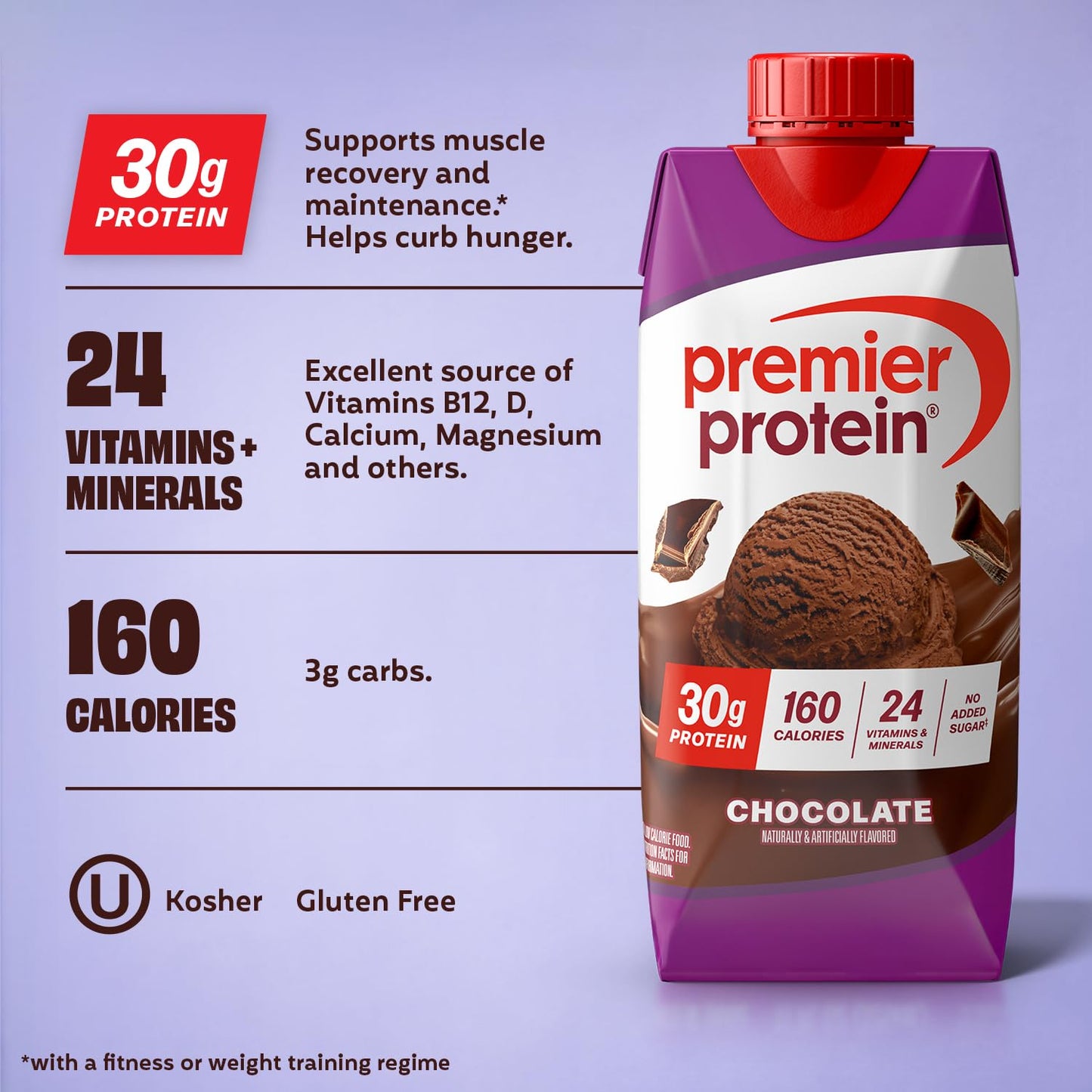 Premier Protein 30g High Protein Shake, Chocolate, 12 Pack | 160 Calories, 24 Vitamins & Minerals, No Added Sugar, Supports Muscle Health, Gluten-Free, 11 oz
