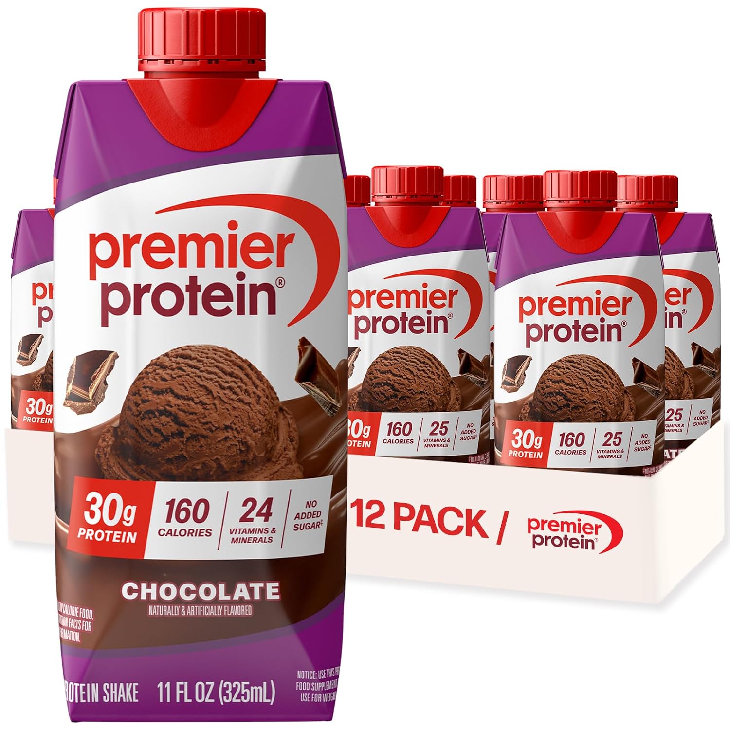 Premier Protein 30g High Protein Shake, Chocolate, 12 Pack | 160 Calories, 24 Vitamins & Minerals, No Added Sugar, Supports Muscle Health, Gluten-Free, 11 oz