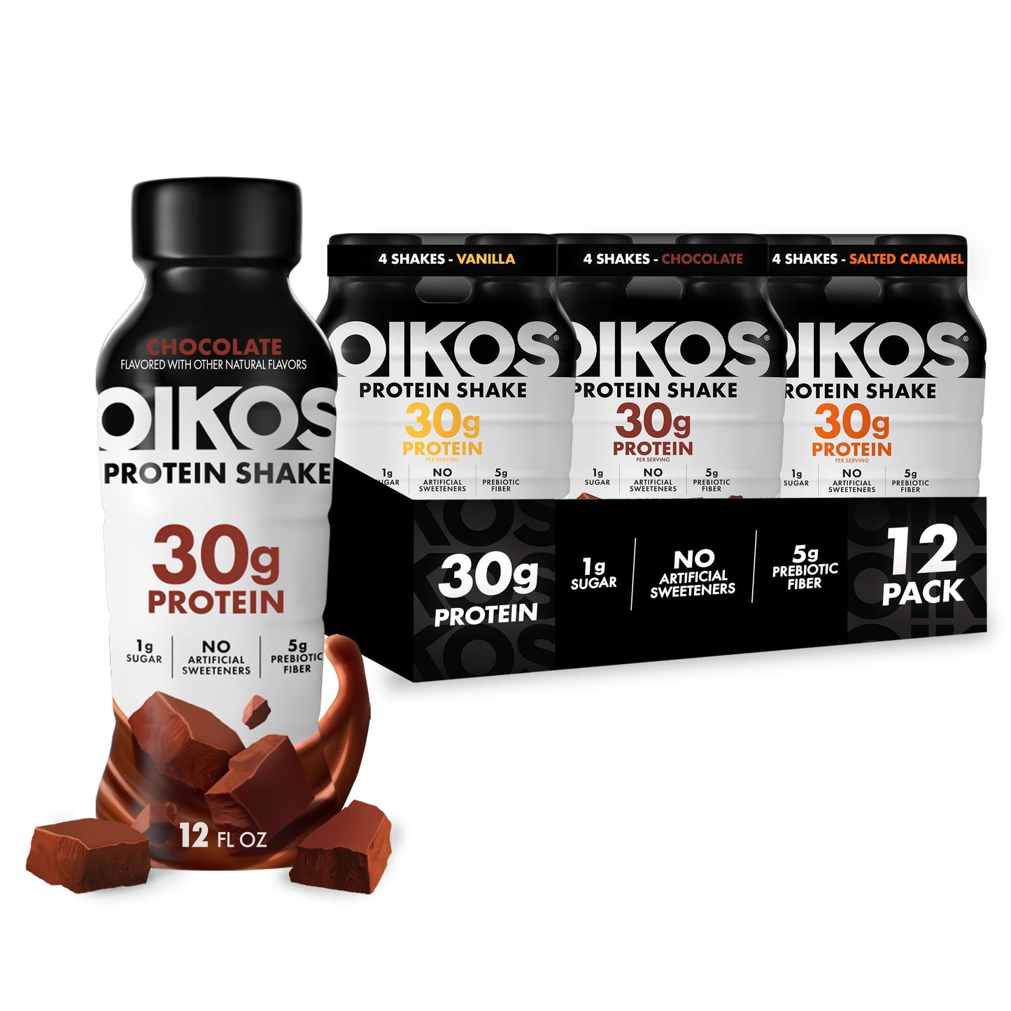 Oikos Protein Shake,Chocolate,30g High Protein Drinks,Shelf Stable,Ready to Drink,5g Prebiotic Fiber,12 fl oz Bottle,​,(Pack of 24)