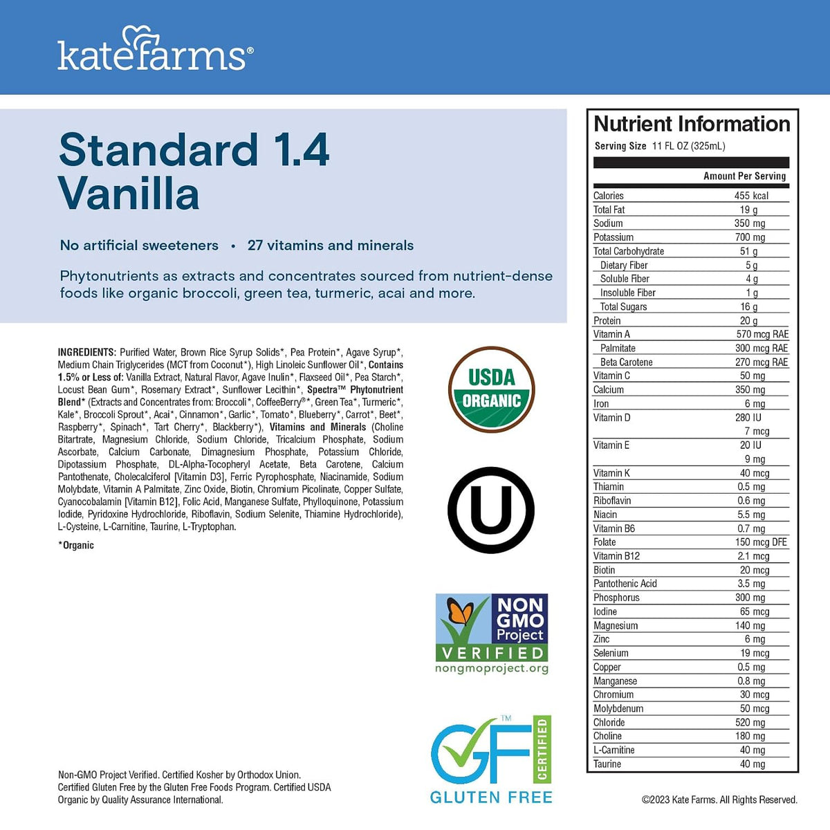 KATE FARMS Organic 1.4 High Calorie Shake, Vanilla, 20g Protein, 12 Pack