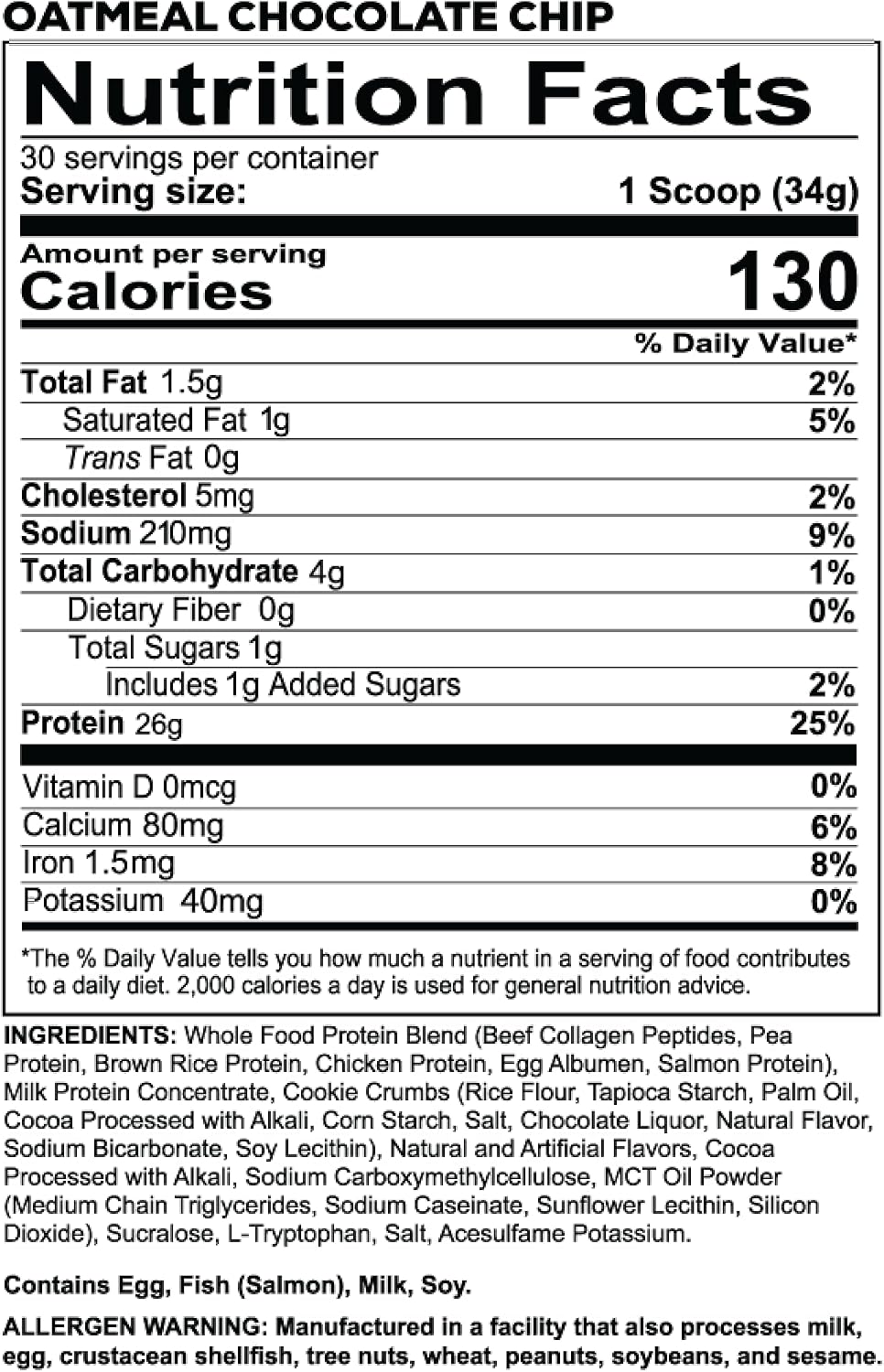 REDCON1 MRE LITE Whole Food Protein Powder, Oatmeal Chocolate Chip - Lactose Free Meal Replacement with Animal Protein Blends - Easy to Digest Formula - Only 4g Carb per Serving (30 Servings)
