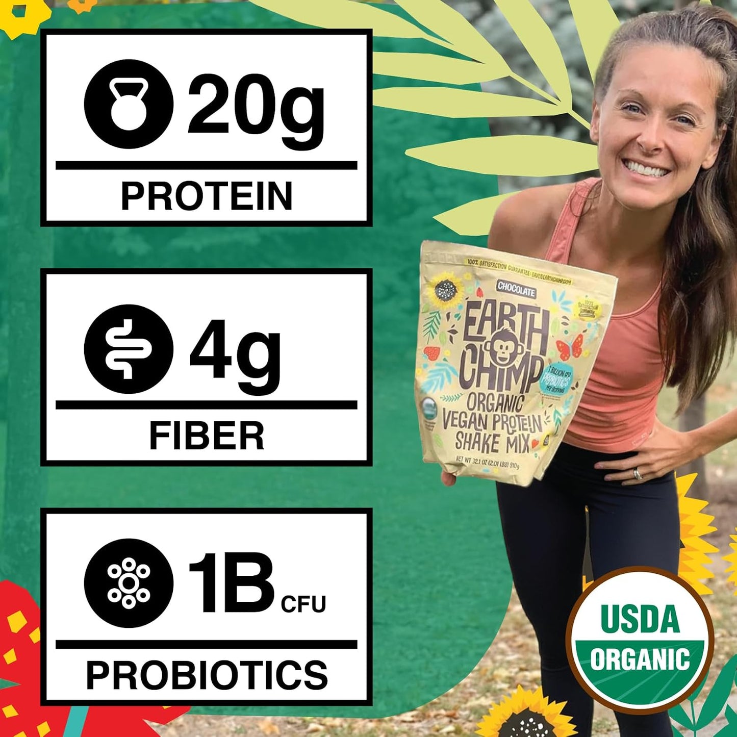 EarthChimp Organic Vegan Protein Powder - with Probiotics - Non GMO, Dairy Free, Non Whey, Plant Based Protein Powder for Women and Men, Gluten Free - 26 Servings 32 Oz (Chocolate)