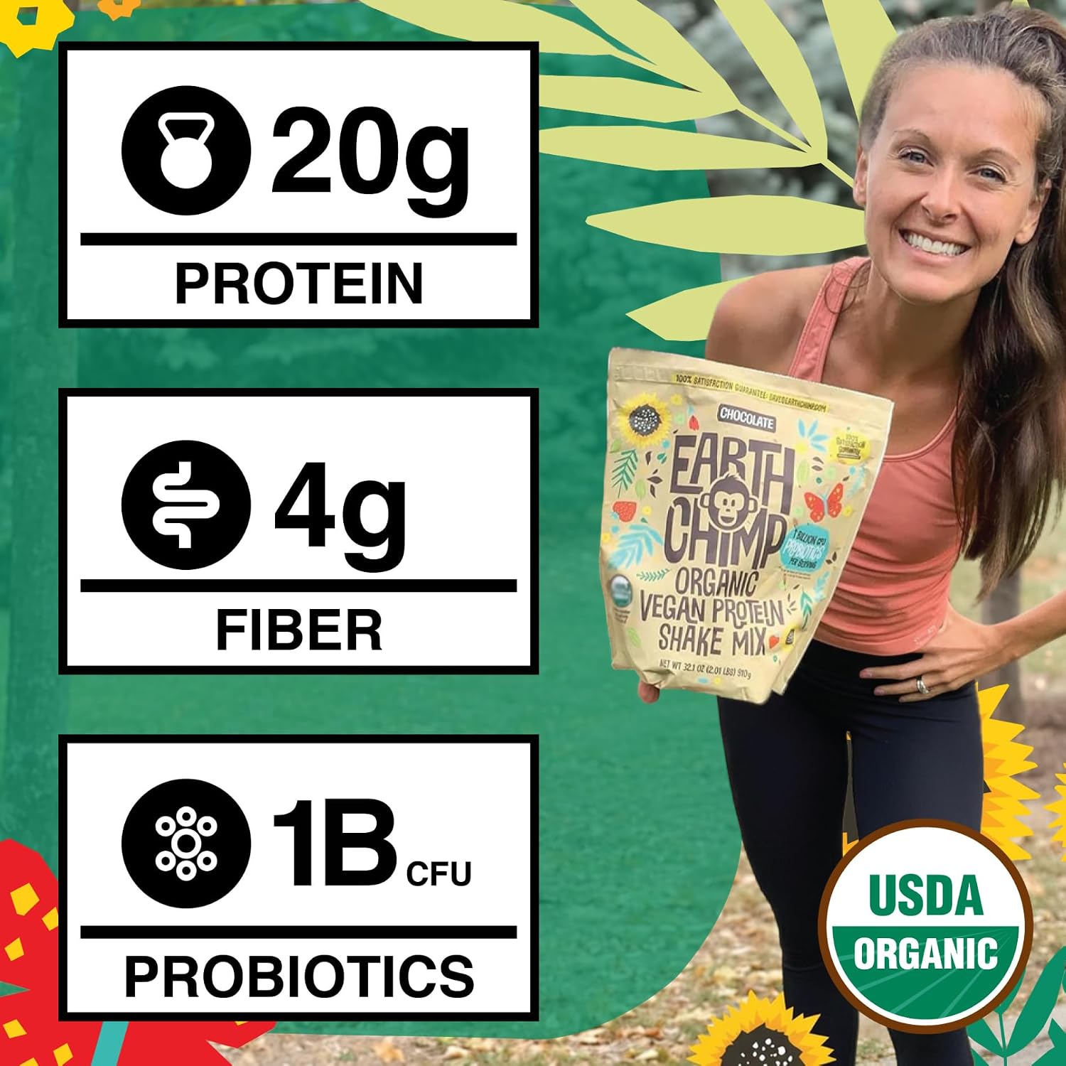 EarthChimp Organic Vegan Protein Powder - with Probiotics - Non GMO, Dairy Free, Non Whey, Plant Based Protein Powder for Women and Men, Gluten Free - 26 Servings 32 Oz (Chocolate)