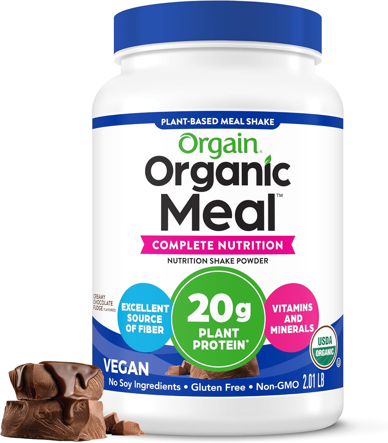 Orgain Organic 20g Meal Protein Powder, Vegan, Chocolate Fudge, 2.01 lb | Meal replacement, plant based protein, 7g prebiotic fiber, fruits, vegetables, & greens, gluten free, for shakes & smoothies