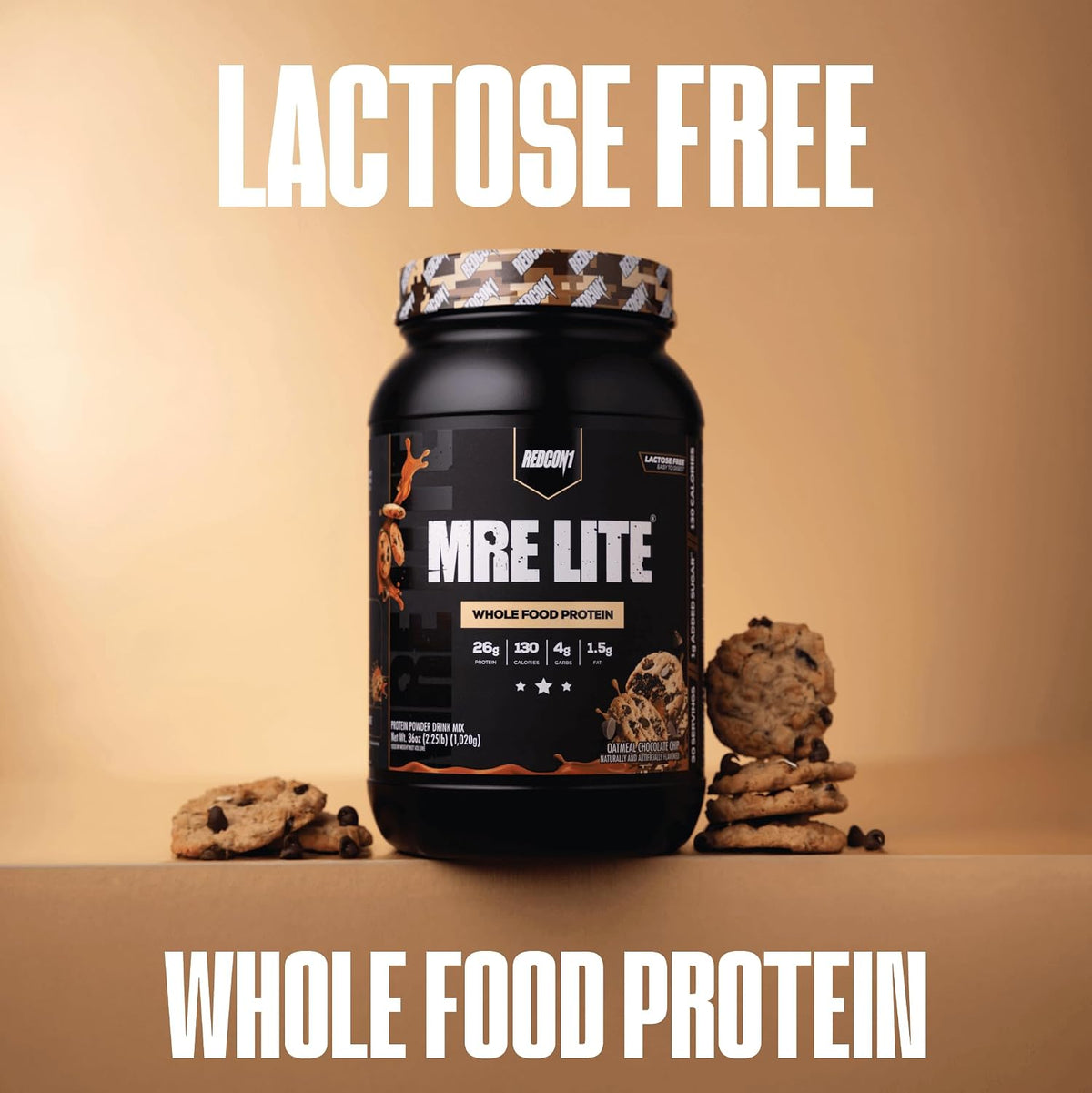 REDCON1 MRE LITE Whole Food Protein Powder, Oatmeal Chocolate Chip - Lactose Free Meal Replacement with Animal Protein Blends - Easy to Digest Formula - Only 4g Carb per Serving (30 Servings)