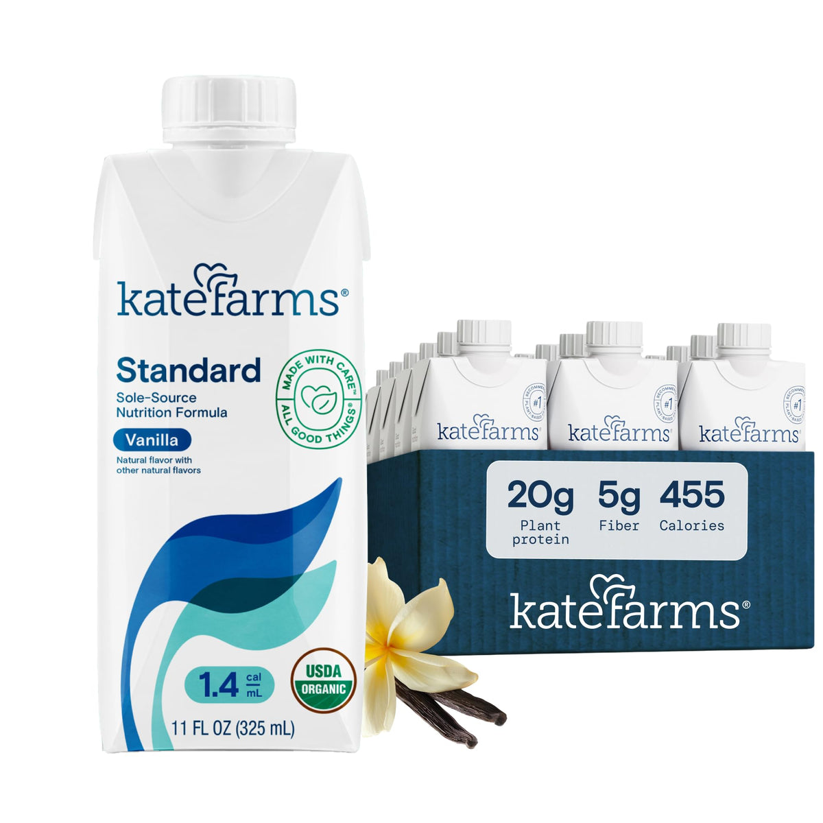 KATE FARMS Organic 1.4 High Calorie Shake, Vanilla, 20g Protein, 12 Pack