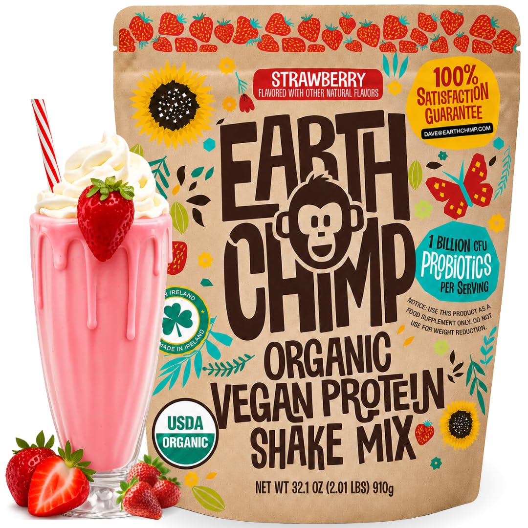 EarthChimp Organic Vegan Protein Powder - with Probiotics - Non GMO, Dairy Free, Non Whey, Plant Based Protein Powder for Women and Men, Gluten Free - 26 Servings 32 Oz (Chocolate)