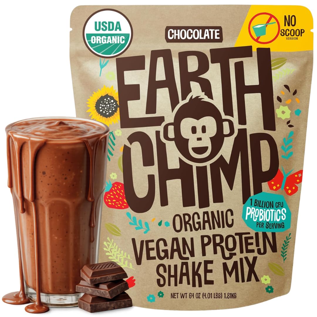 EarthChimp Organic Vegan Protein Powder - with Probiotics - Non GMO, Dairy Free, Non Whey, Plant Based Protein Powder for Women and Men, Gluten Free - 26 Servings 32 Oz (Chocolate)