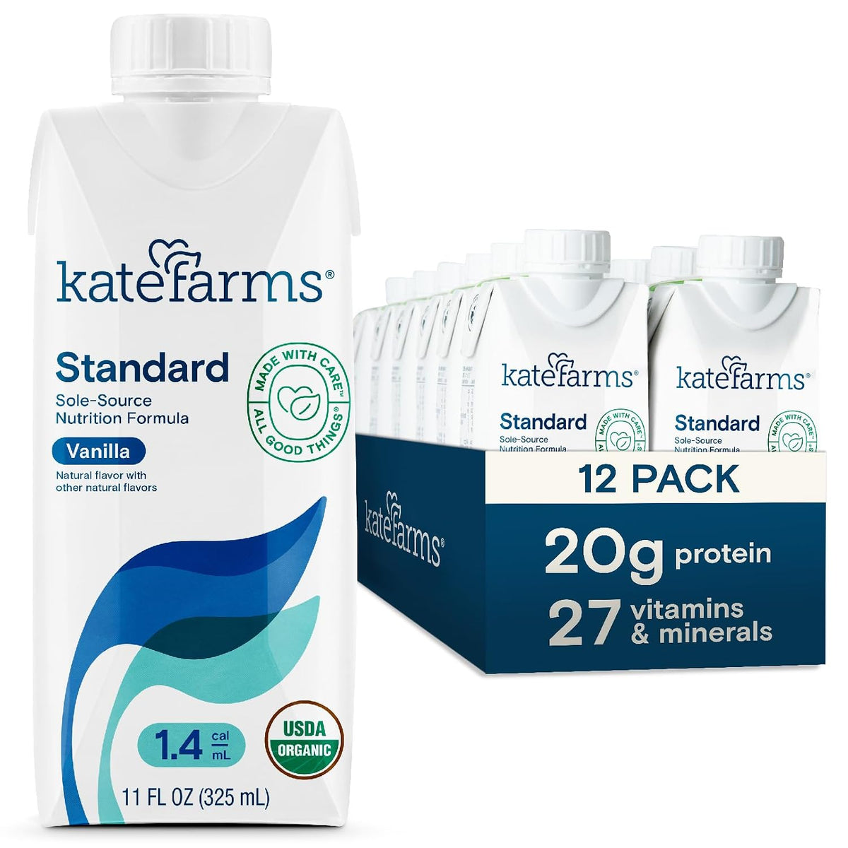 KATE FARMS Organic 1.4 High Calorie Shake, Vanilla, 20g Protein, 12 Pack