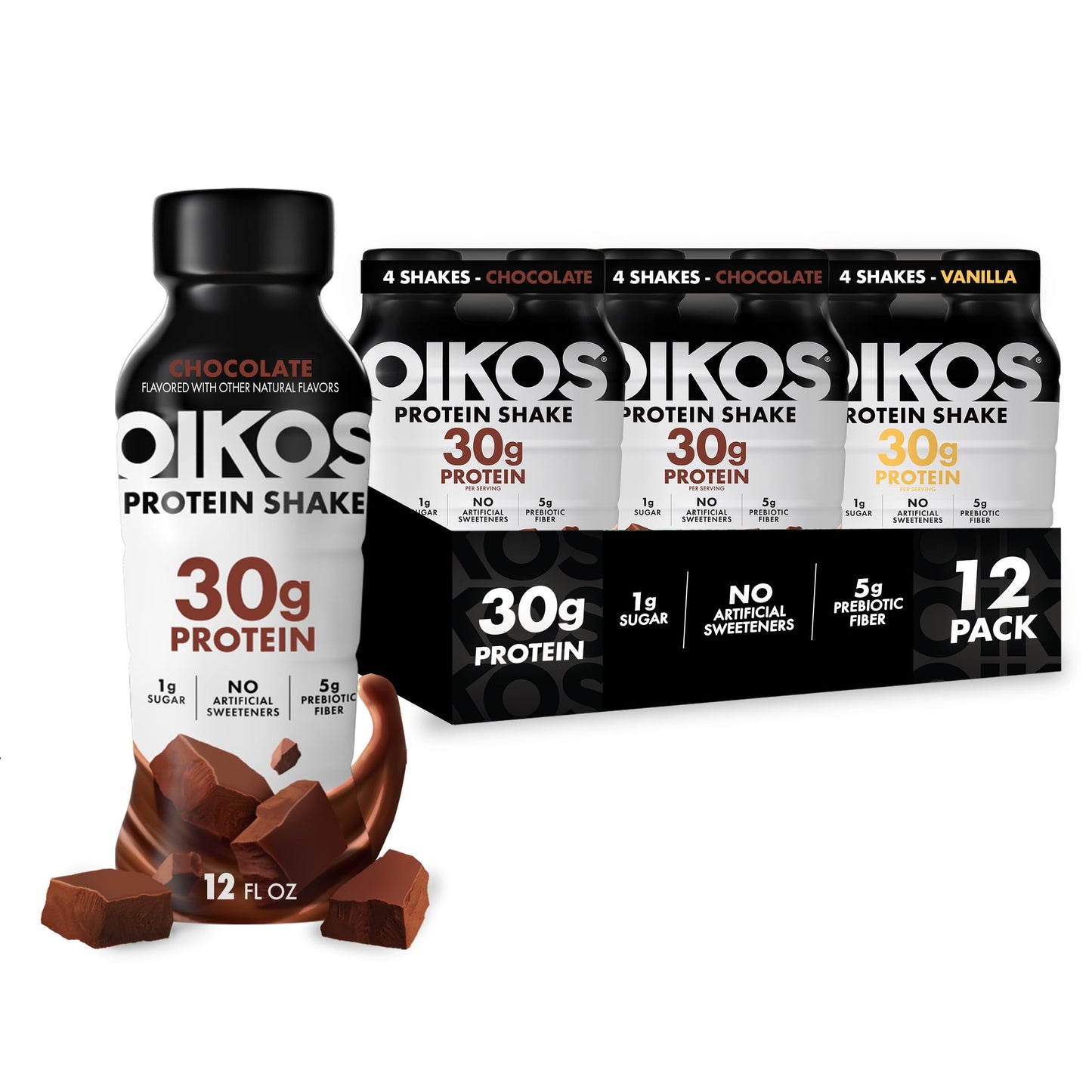 Oikos Protein Shake,Chocolate,30g High Protein Drinks,Shelf Stable,Ready to Drink,5g Prebiotic Fiber,12 fl oz Bottle,​,(Pack of 24)