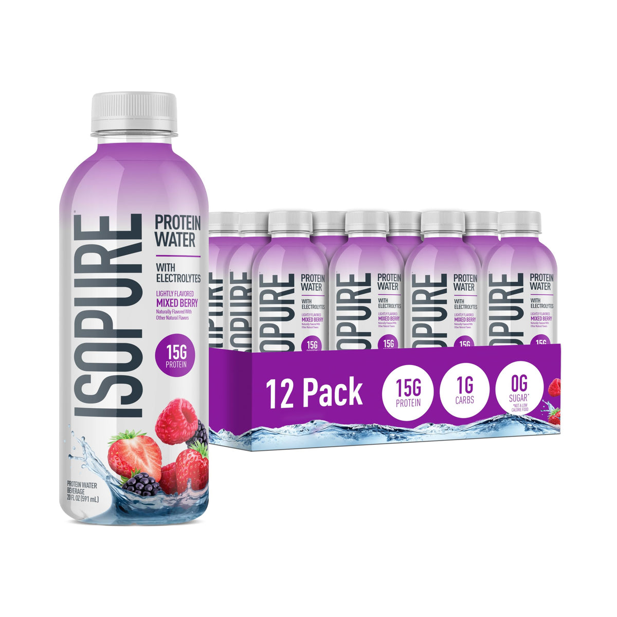 Isopure Clear Protein Water with Electrolytes, 15g Whey Protein Isolate, Zero Sugar, Strawberry Kiwi, 20 fl oz, 12-Pack