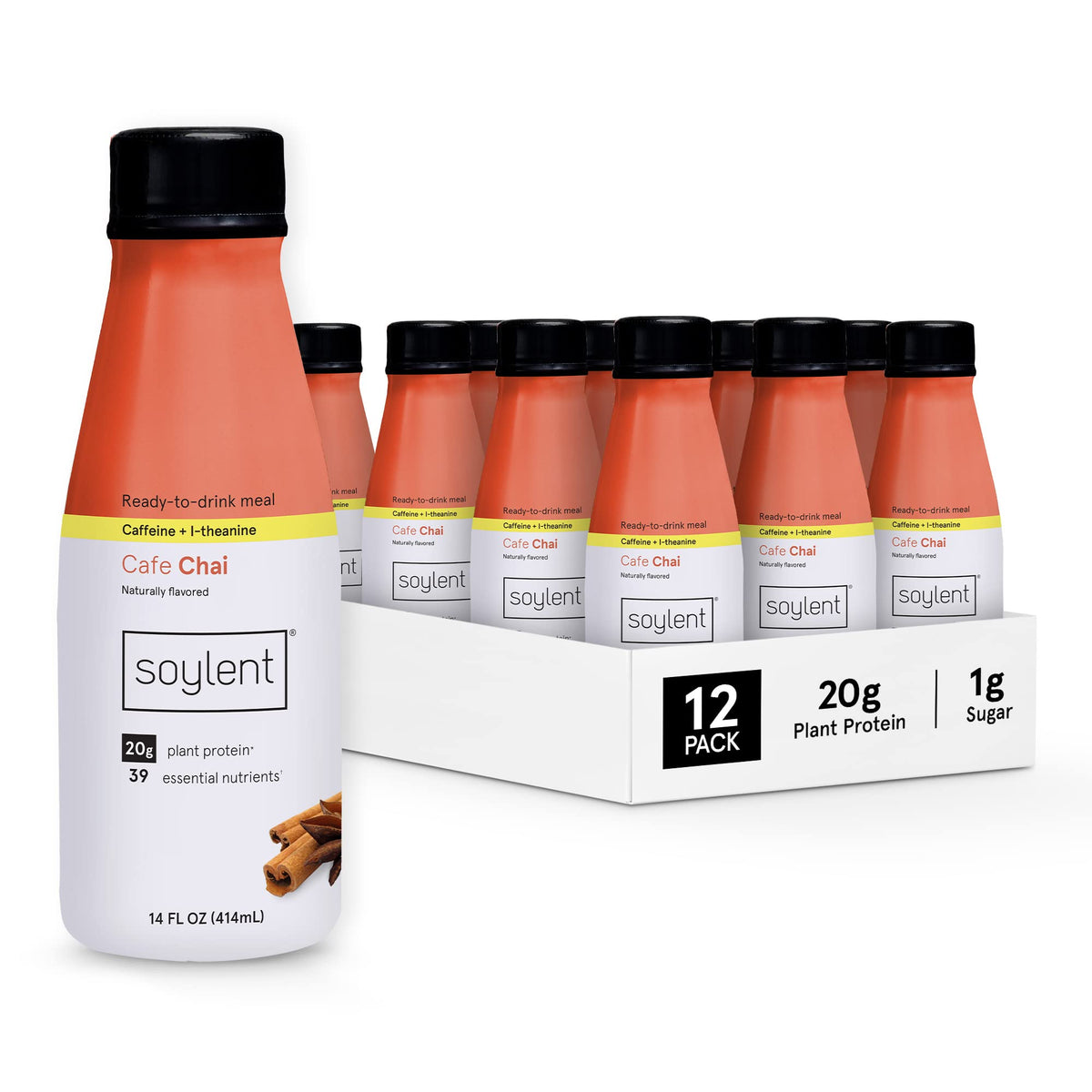 Soylent Creamy Chocolate Meal Replacement Shake, Ready-to-Drink Plant Based Protein Drink, Contains 20g Complete Vegan Protein and 1g Sugar, 14oz, 12 Pack