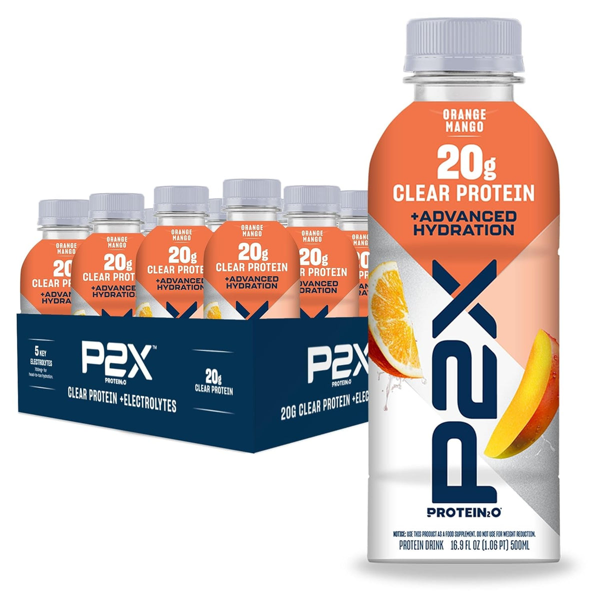Protein2o P2X Advanced Hydration 20g Clear Protein Drink, 720mg of Electrolytes, 0g of Sugar - Post-Workout Recovery - 16.9 Fl Oz - 12 Count Orange Mango