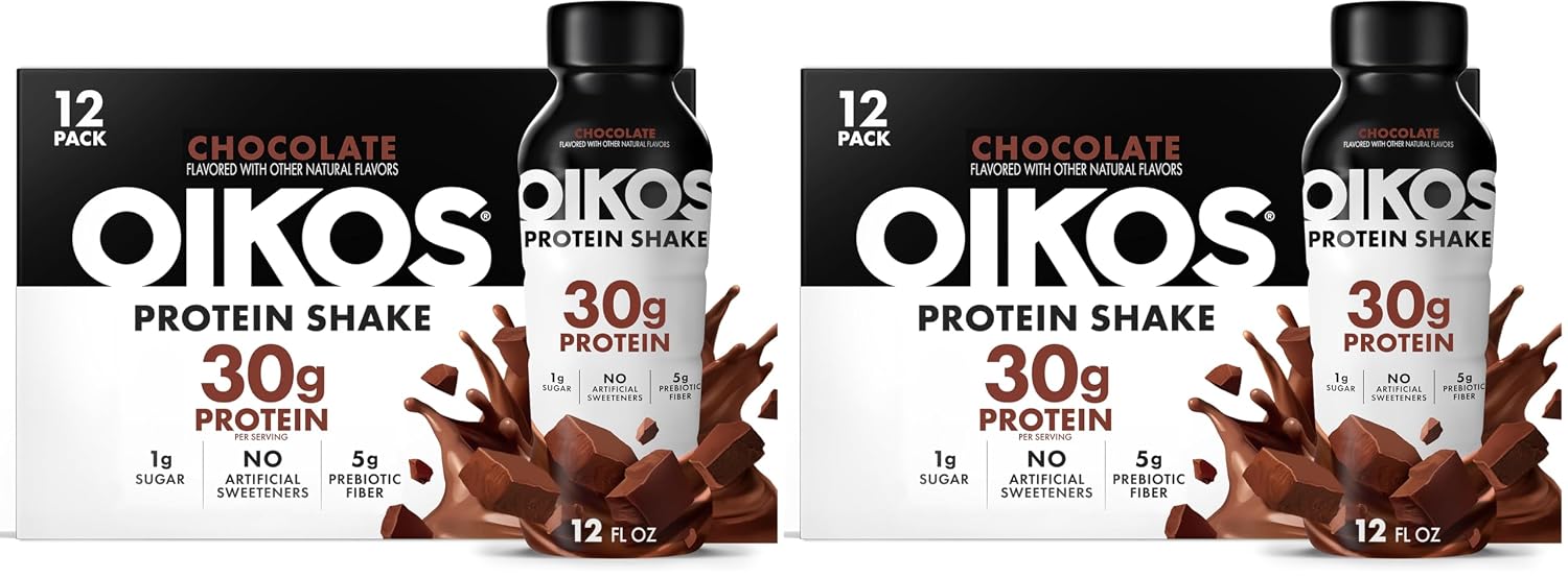 Oikos Protein Shake,Chocolate,30g High Protein Drinks,Shelf Stable,Ready to Drink,5g Prebiotic Fiber,12 fl oz Bottle,​,(Pack of 24)