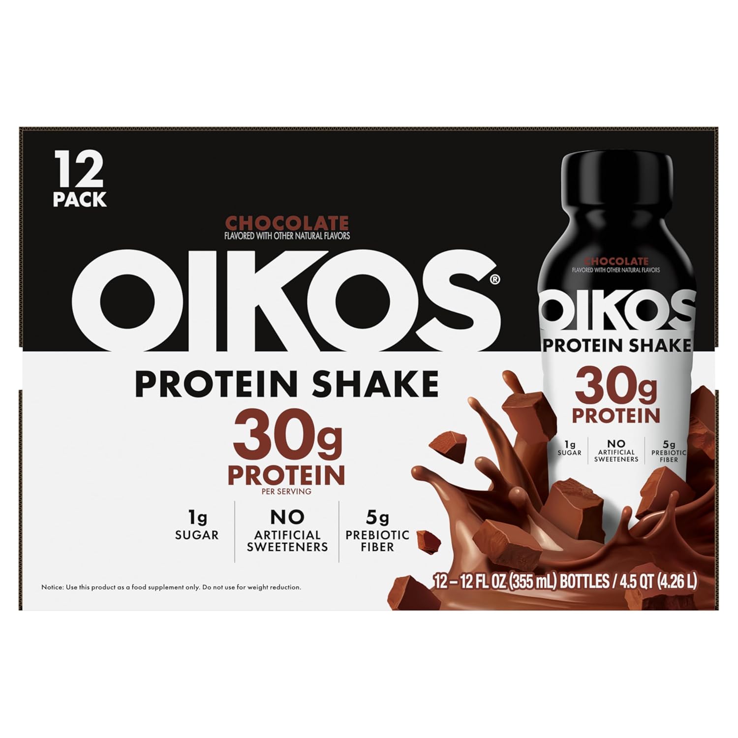 Oikos Protein Shake,Chocolate,30g High Protein Drinks,Shelf Stable,Ready to Drink,5g Prebiotic Fiber,12 fl oz Bottle,​,(Pack of 24)
