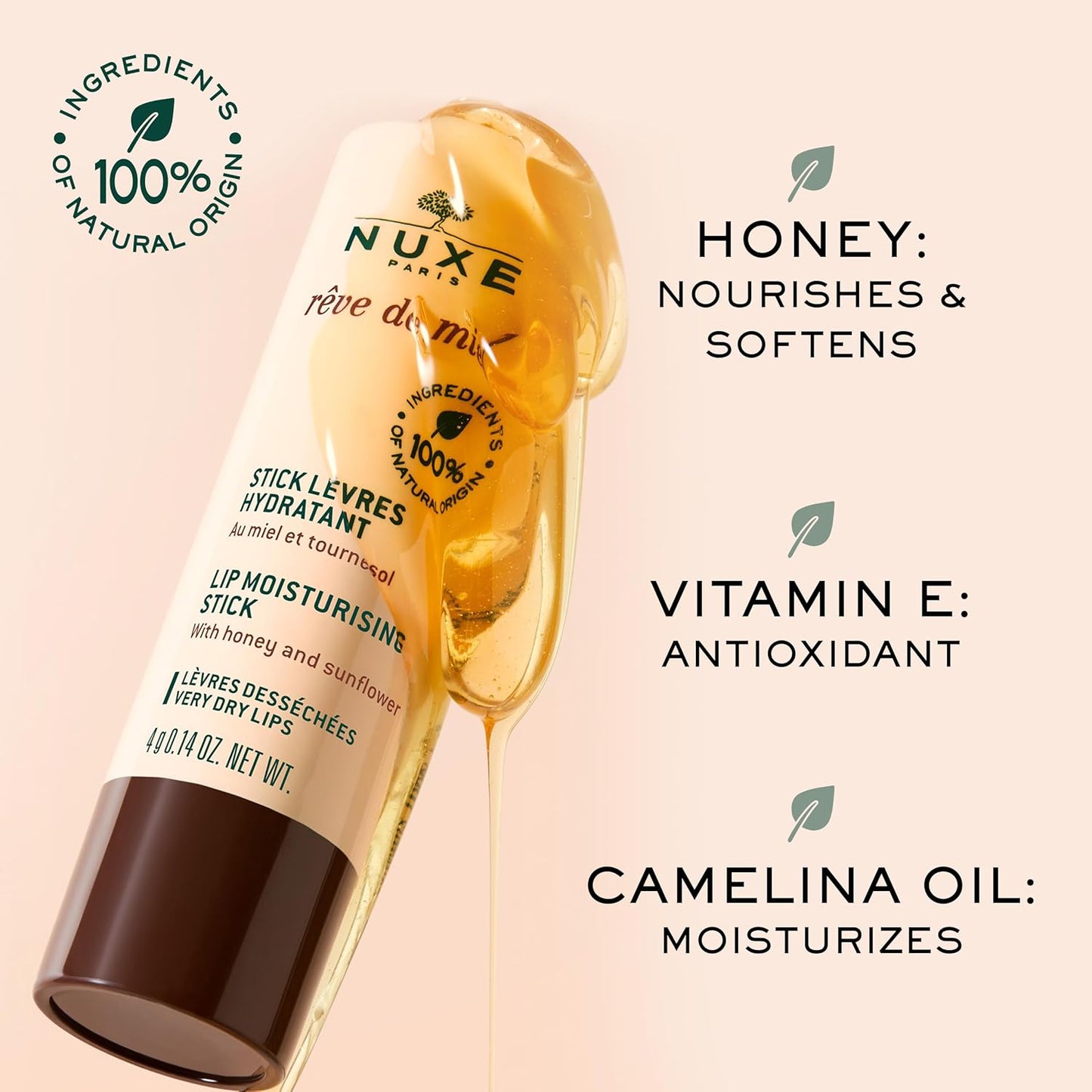 NUXE Rêve de Miel Lip Balm With Shea Butter and Vitamin E. 100% Natural Organic Lip Moisturizer for Cracked & Dry Lips, 0.14 Oz