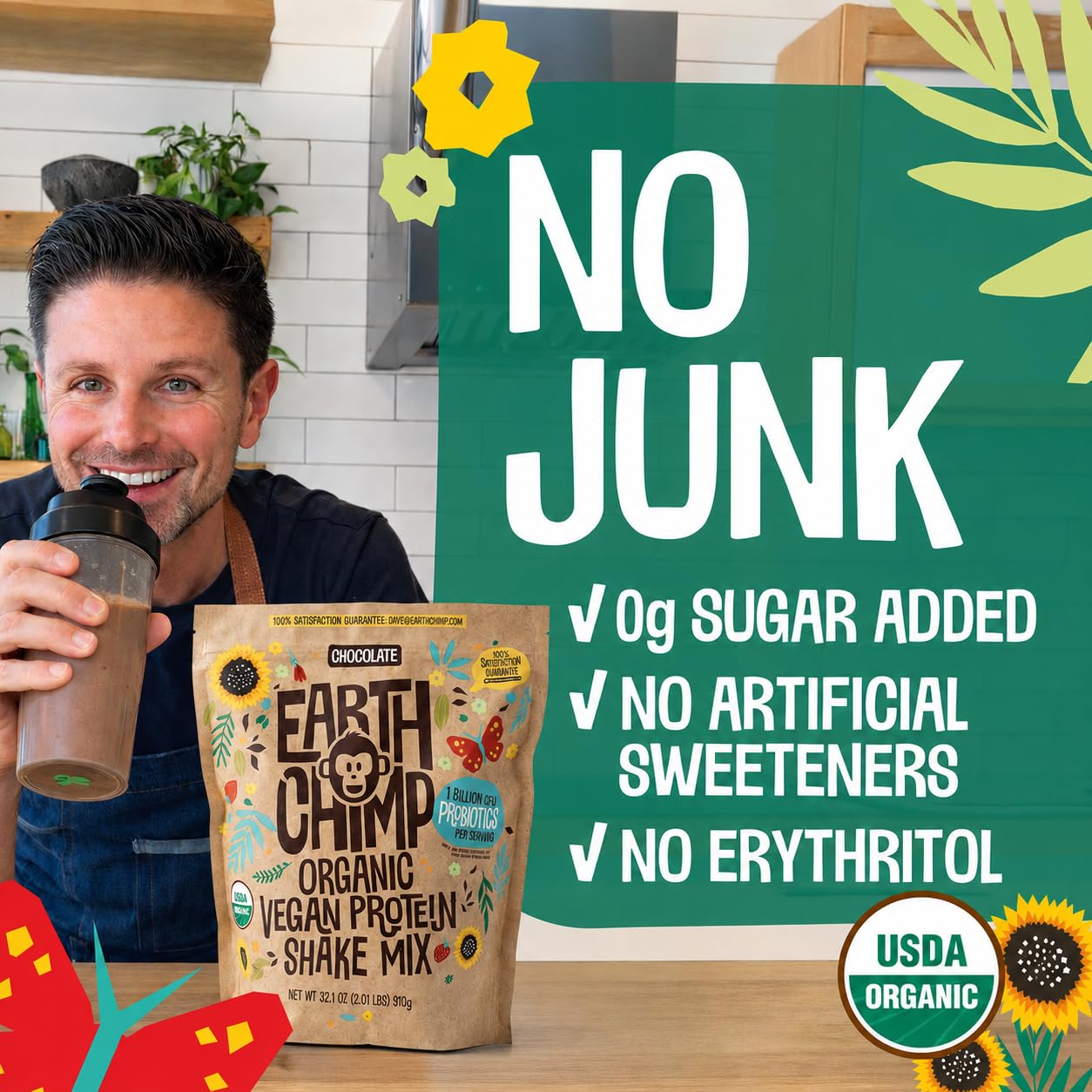 EarthChimp Organic Vegan Protein Powder - with Probiotics - Non GMO, Dairy Free, Non Whey, Plant Based Protein Powder for Women and Men, Gluten Free - 26 Servings 32 Oz (Chocolate)