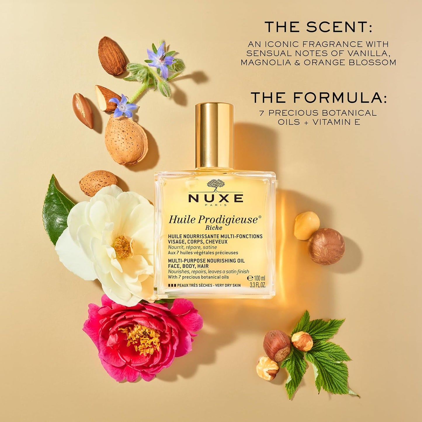 Nuxe Huile Prodigieuse Riche Nourishing Oil - Intense Hydration & Luxurious Radiant Glow for Face, Body & Hair, 3.3 Fl.Oz