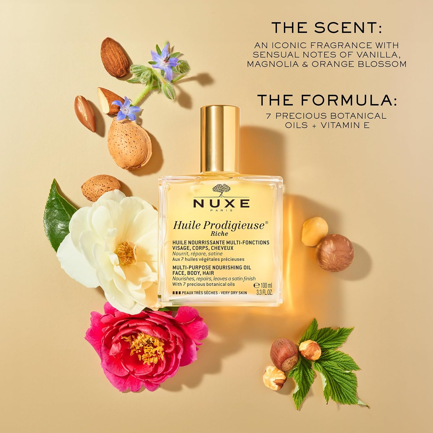 Nuxe Huile Prodigieuse Riche Nourishing Oil - Intense Hydration & Luxurious Radiant Glow for Face, Body & Hair, 3.3 Fl.Oz