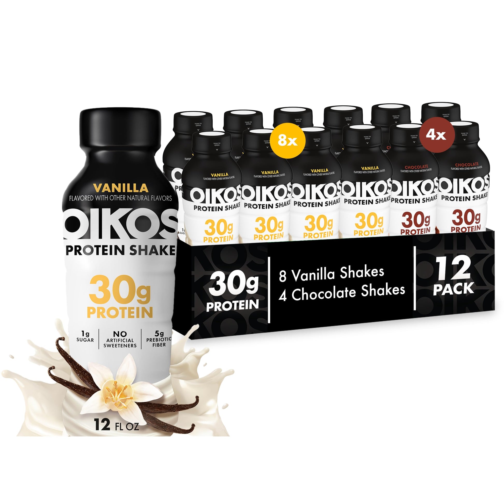 Oikos Protein Shake,Chocolate,30g High Protein Drinks,Shelf Stable,Ready to Drink,5g Prebiotic Fiber,12 fl oz Bottle,​,(Pack of 24)