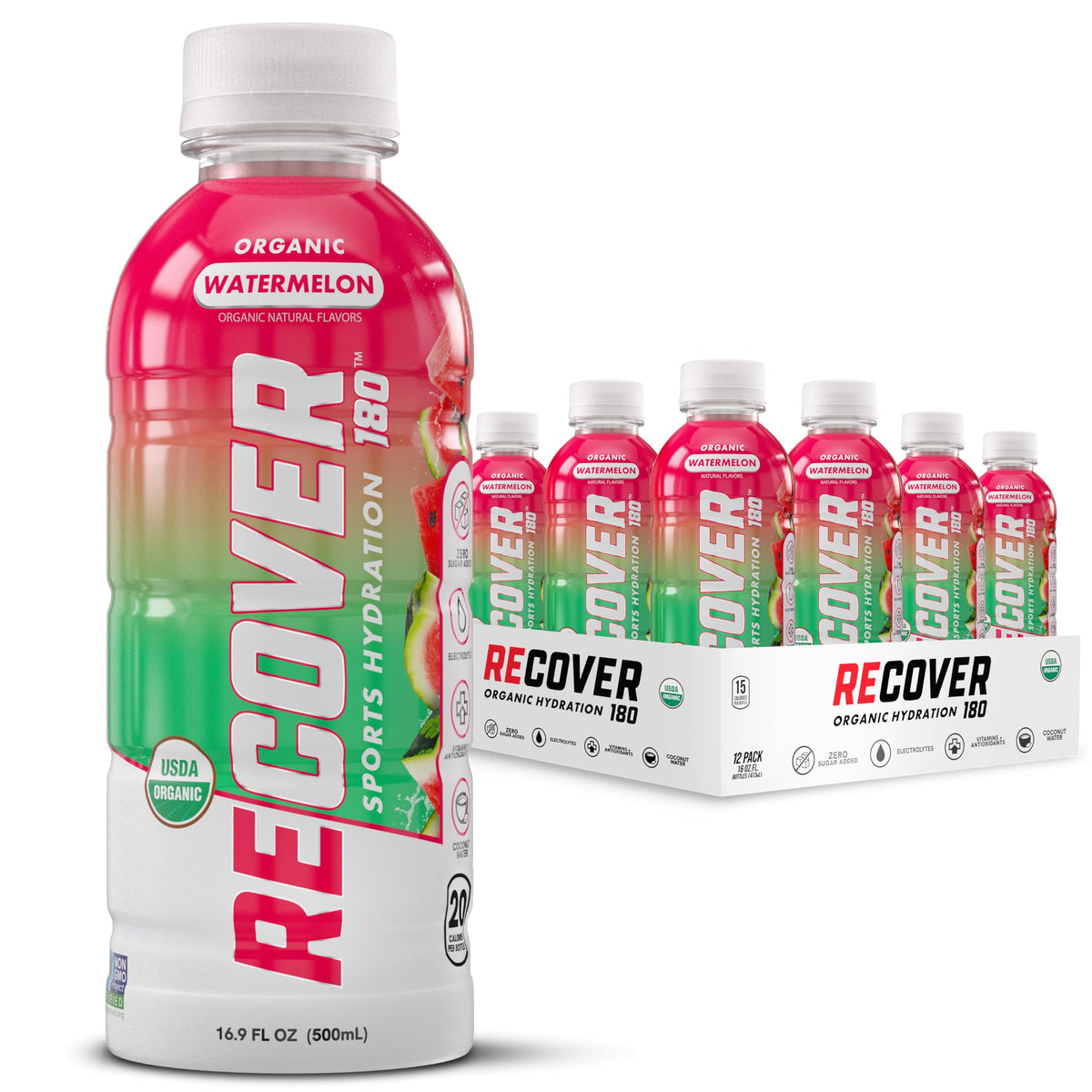 RECOVER 180 Organic Sports Hydration Drink, No Sugar Added, 20 Calorie Sports Beverage, Organic Flavors With Vitamins, Potassium-Packed Electrolytes (16.9 Fl Oz (Pack of 12), Variety Pack)