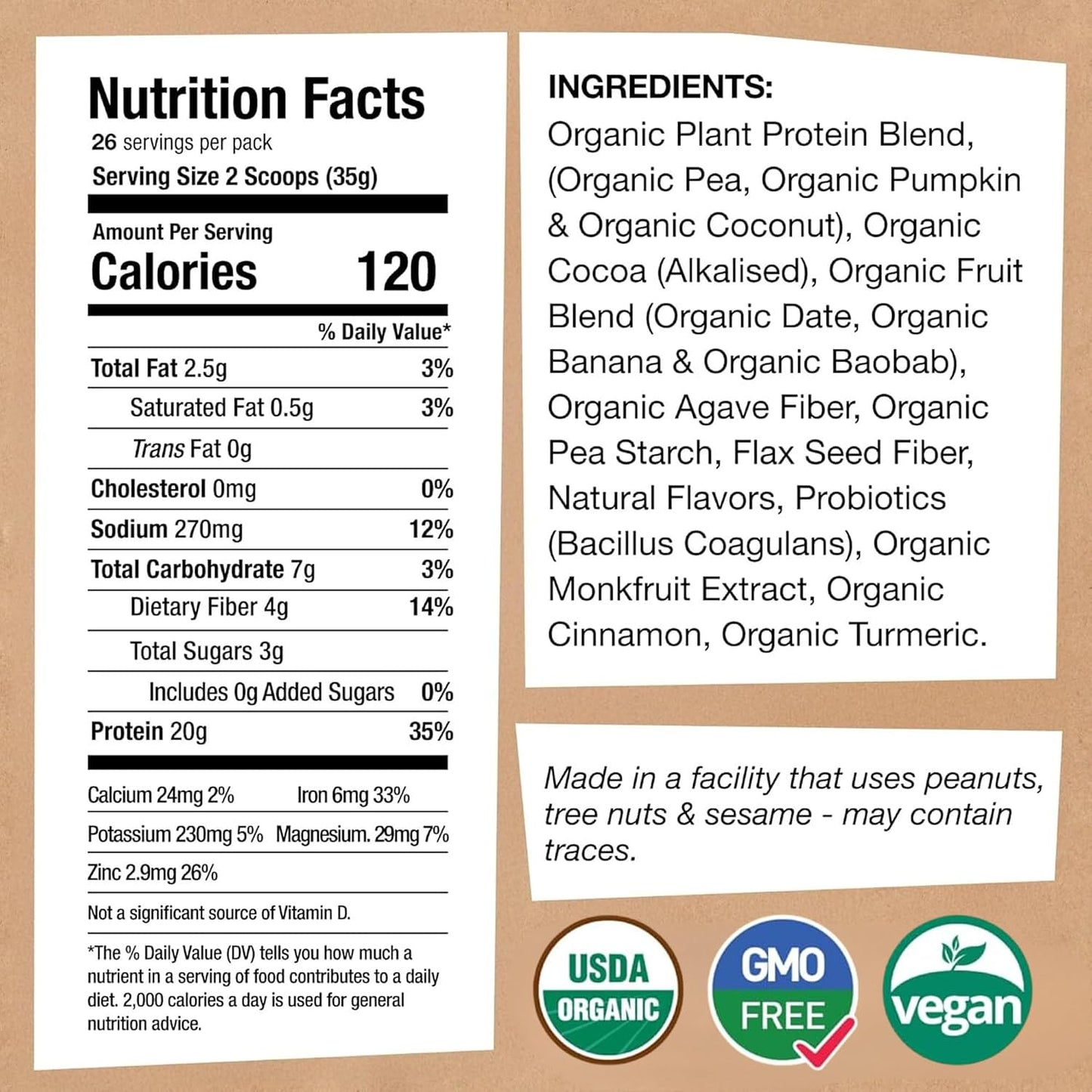 EarthChimp Organic Vegan Protein Powder - with Probiotics - Non GMO, Dairy Free, Non Whey, Plant Based Protein Powder for Women and Men, Gluten Free - 26 Servings 32 Oz (Chocolate)