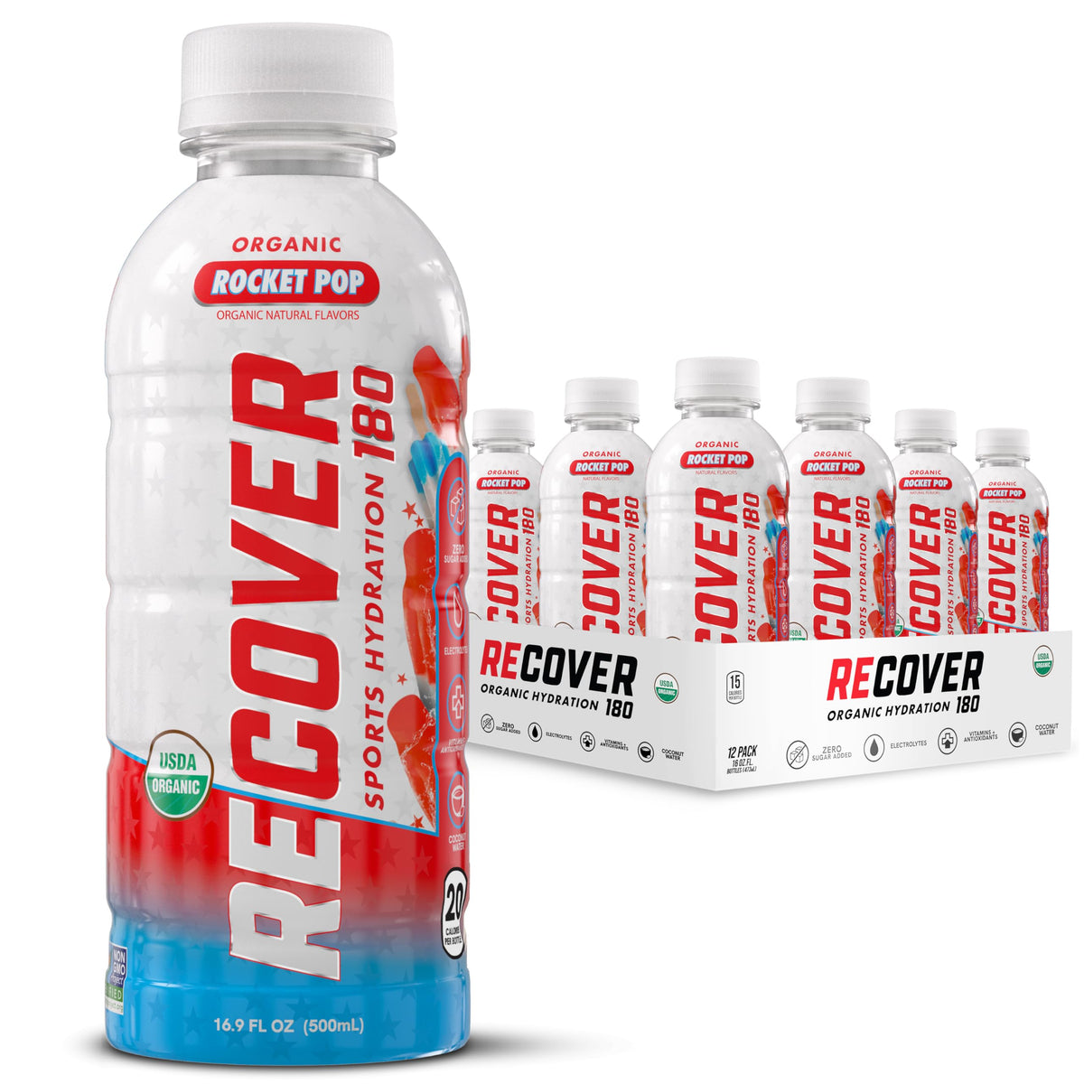 RECOVER 180 Organic Sports Hydration Drink, No Sugar Added, 20 Calorie Sports Beverage, Organic Flavors With Vitamins, Potassium-Packed Electrolytes (16.9 Fl Oz (Pack of 12), Variety Pack)