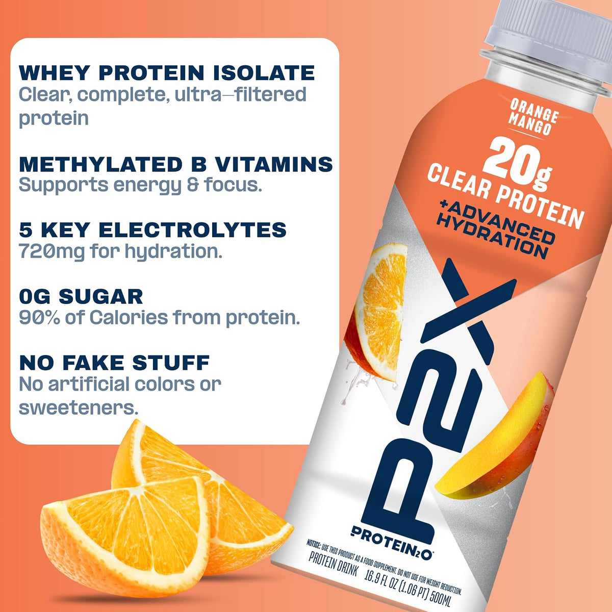 Protein2o P2X Advanced Hydration 20g Clear Protein Drink, 720mg of Electrolytes, 0g of Sugar - Post-Workout Recovery - 16.9 Fl Oz - 12 Count Orange Mango