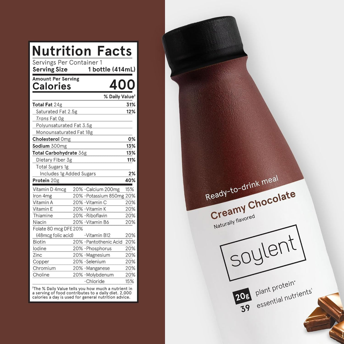 Soylent Creamy Chocolate Meal Replacement Shake, Ready-to-Drink Plant Based Protein Drink, Contains 20g Complete Vegan Protein and 1g Sugar, 14oz, 12 Pack