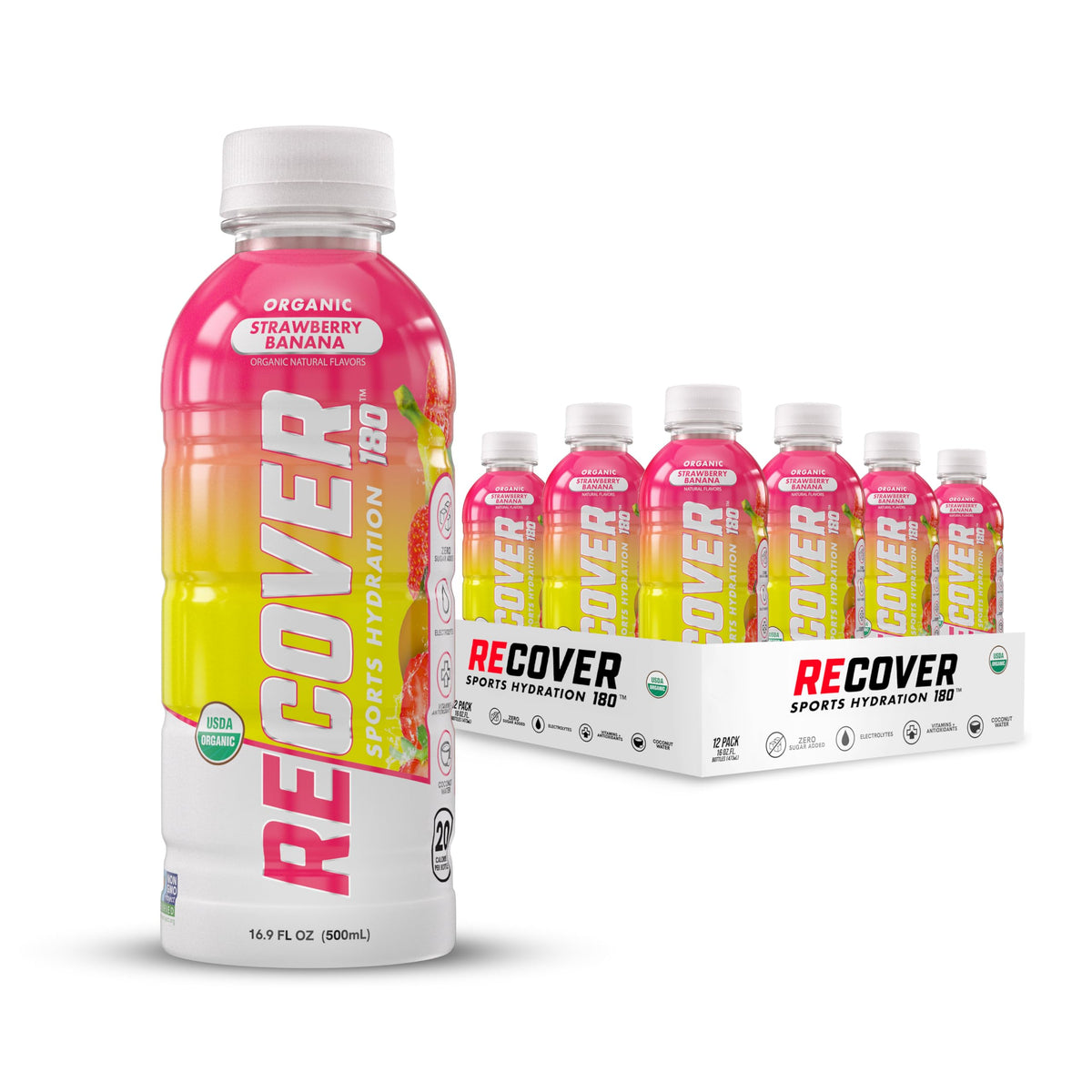 RECOVER 180 Organic Sports Hydration Drink, No Sugar Added, 20 Calorie Sports Beverage, Organic Flavors With Vitamins, Potassium-Packed Electrolytes (16.9 Fl Oz (Pack of 12), Variety Pack)