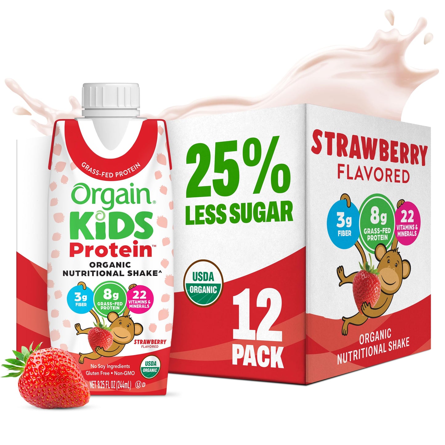 Orgain Organic Kids Dairy 8g Protein Shake, Chocolate, 8.25 oz, 12pk | Nutritional drink, grass-fed protein, 22 vitamins & minerals, 3g fiber, non-GMO, no soy, healthy snack for picky eaters