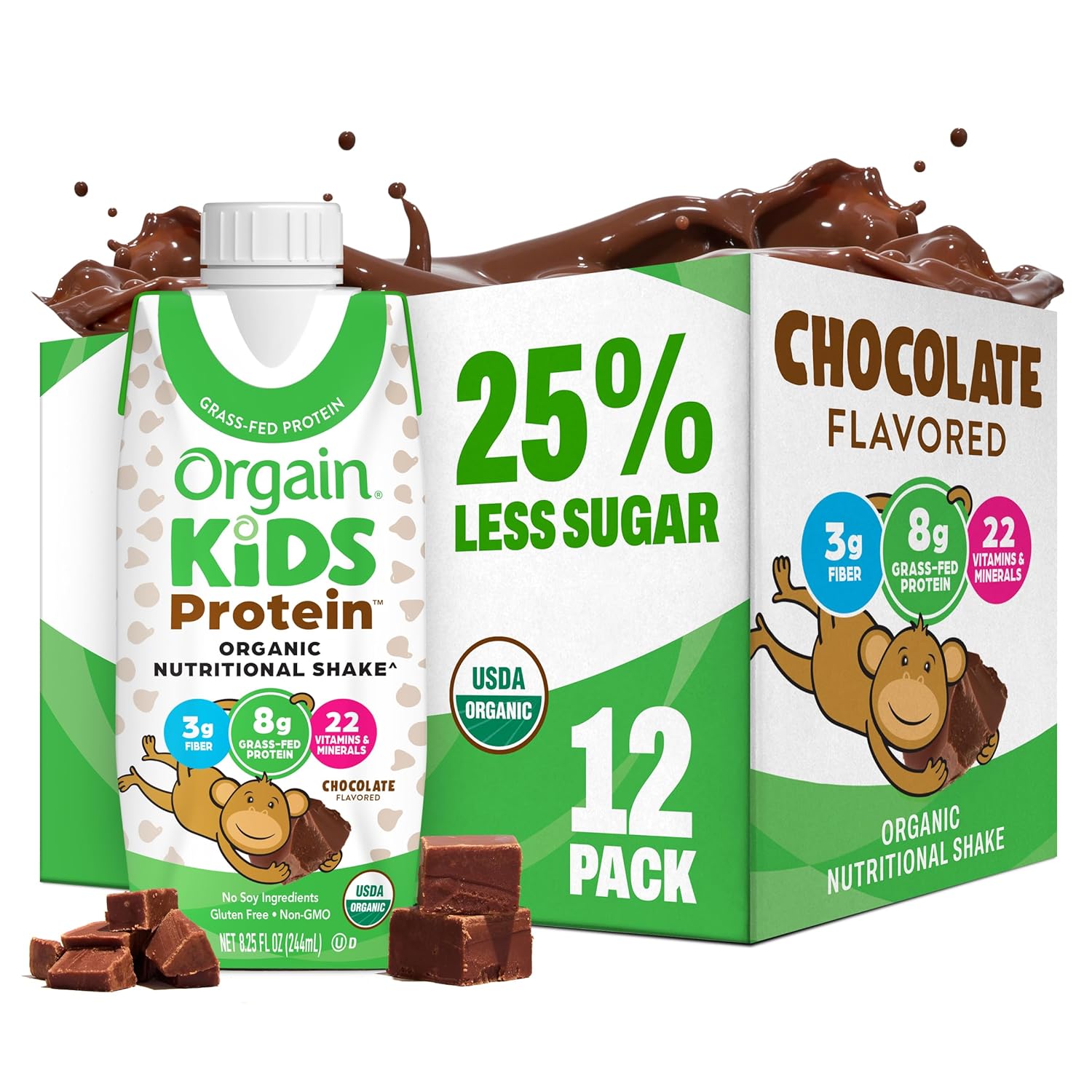 Orgain Organic Kids Dairy 8g Protein Shake, Chocolate, 8.25 oz, 12pk | Nutritional drink, grass-fed protein, 22 vitamins & minerals, 3g fiber, non-GMO, no soy, healthy snack for picky eaters