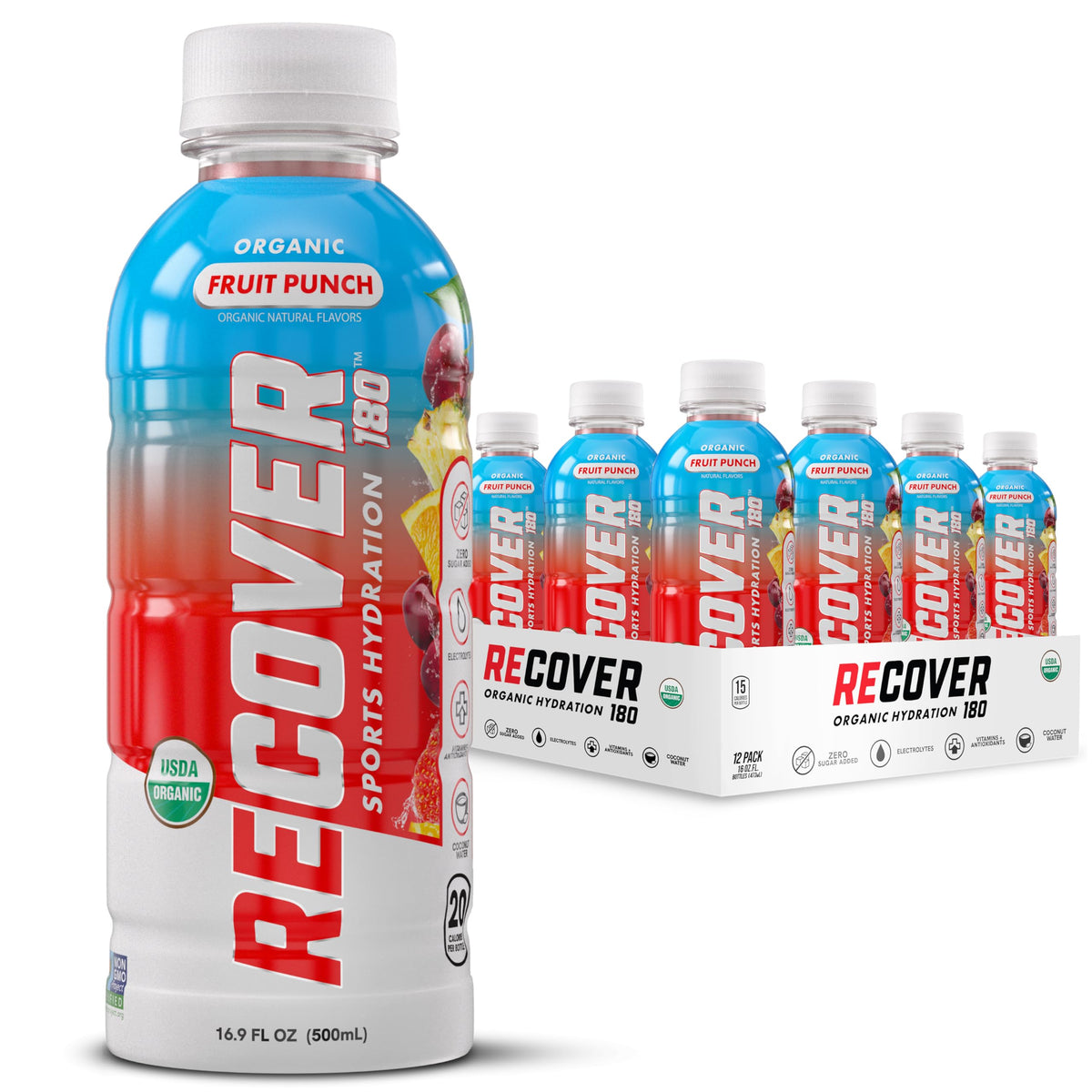 RECOVER 180 Organic Sports Hydration Drink, No Sugar Added, 20 Calorie Sports Beverage, Organic Flavors With Vitamins, Potassium-Packed Electrolytes (16.9 Fl Oz (Pack of 12), Variety Pack)