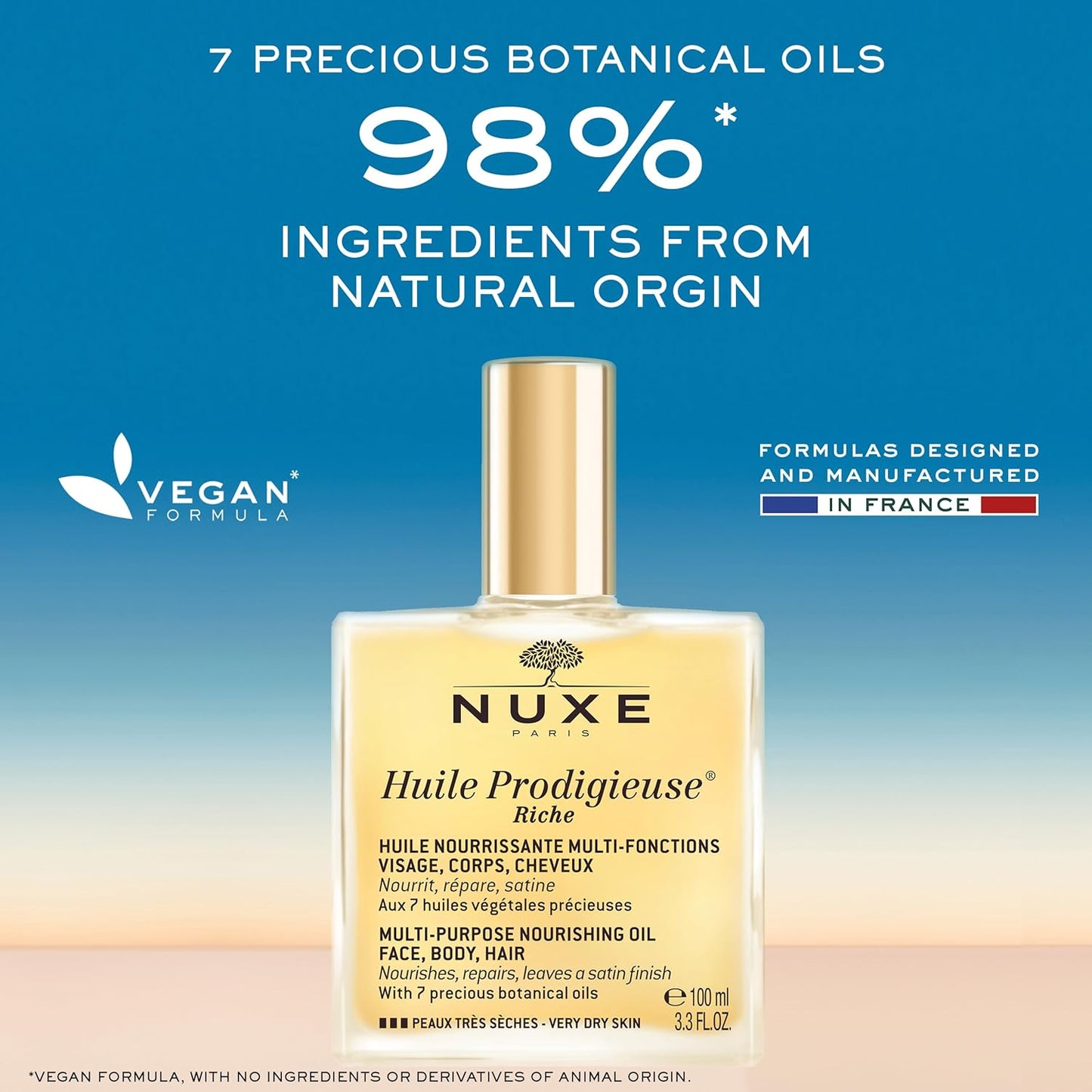 Nuxe Huile Prodigieuse Riche Nourishing Oil - Intense Hydration & Luxurious Radiant Glow for Face, Body & Hair, 3.3 Fl.Oz