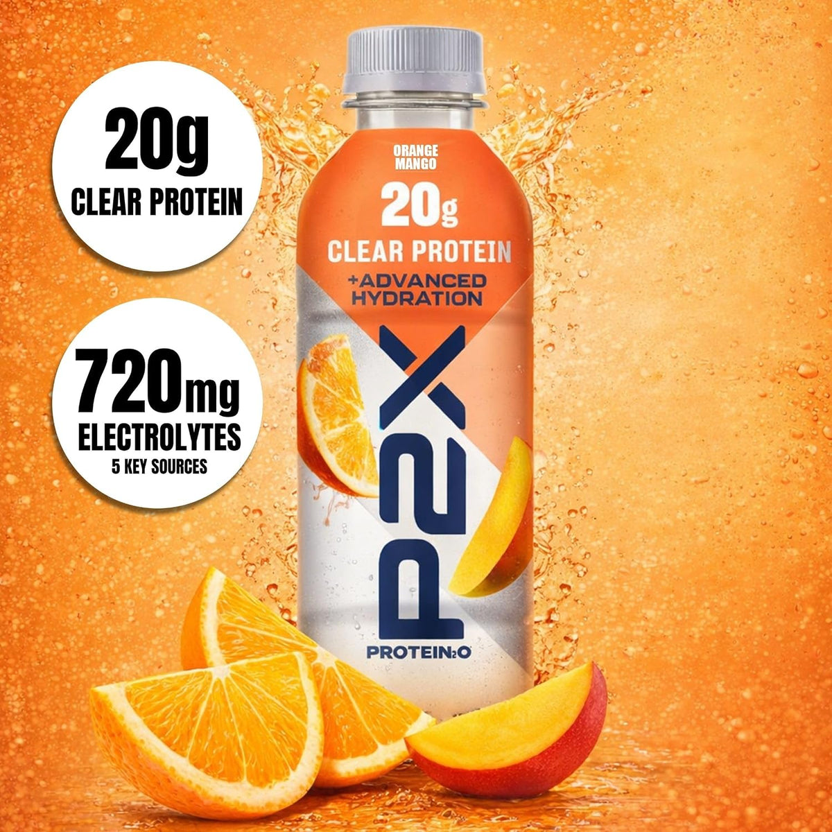 Protein2o P2X Advanced Hydration 20g Clear Protein Drink, 720mg of Electrolytes, 0g of Sugar - Post-Workout Recovery - 16.9 Fl Oz - 12 Count Orange Mango