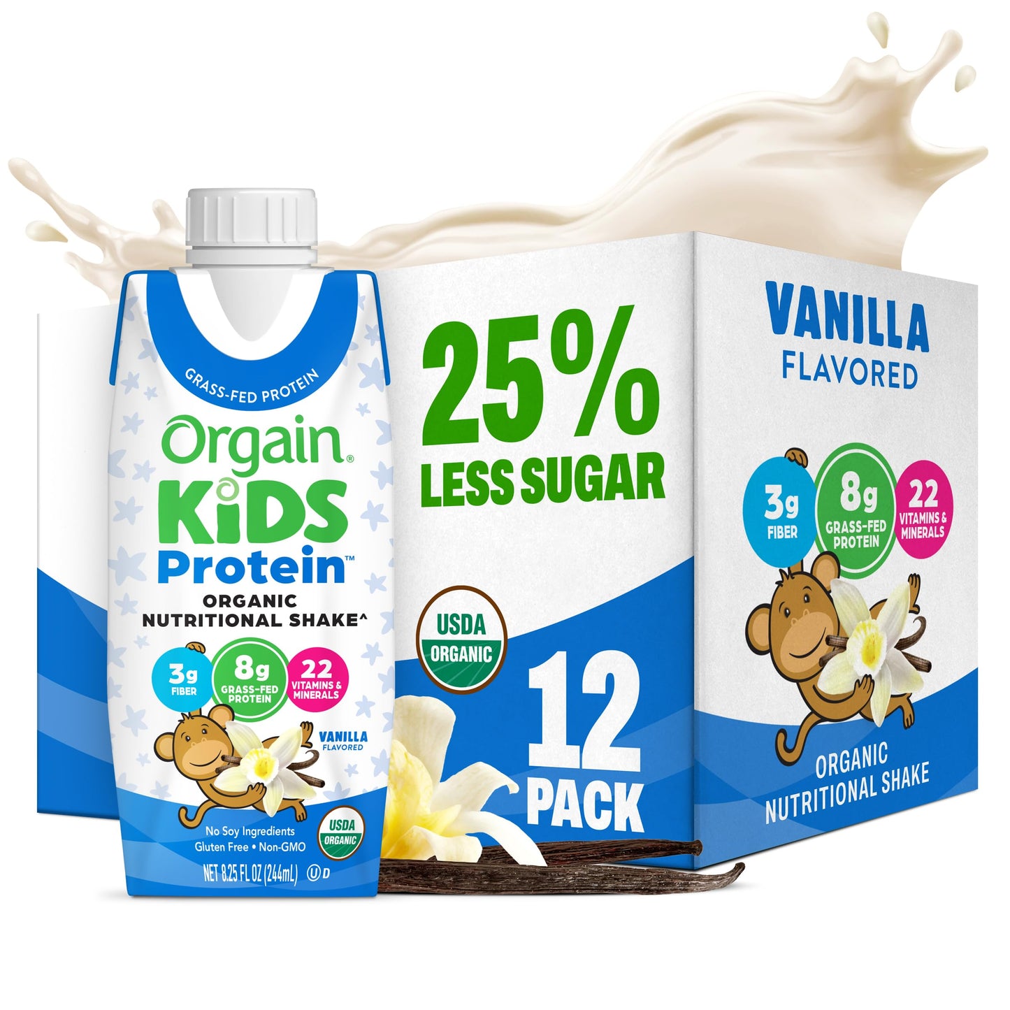 Orgain Organic Kids Dairy 8g Protein Shake, Chocolate, 8.25 oz, 12pk | Nutritional drink, grass-fed protein, 22 vitamins & minerals, 3g fiber, non-GMO, no soy, healthy snack for picky eaters